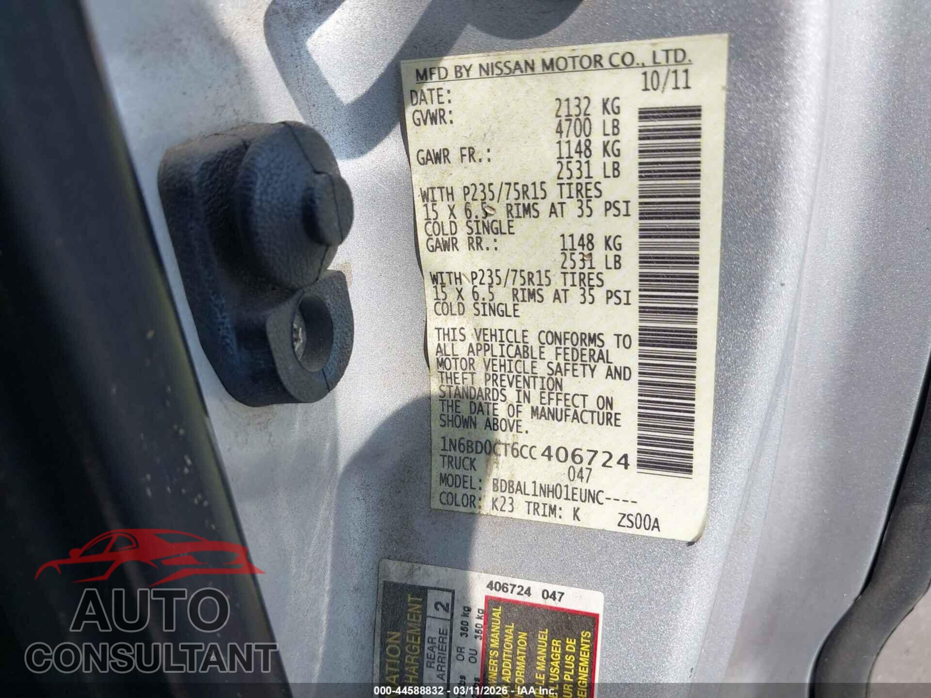 NISSAN FRONTIER 2012 - 1N6BD0CT6CC406724