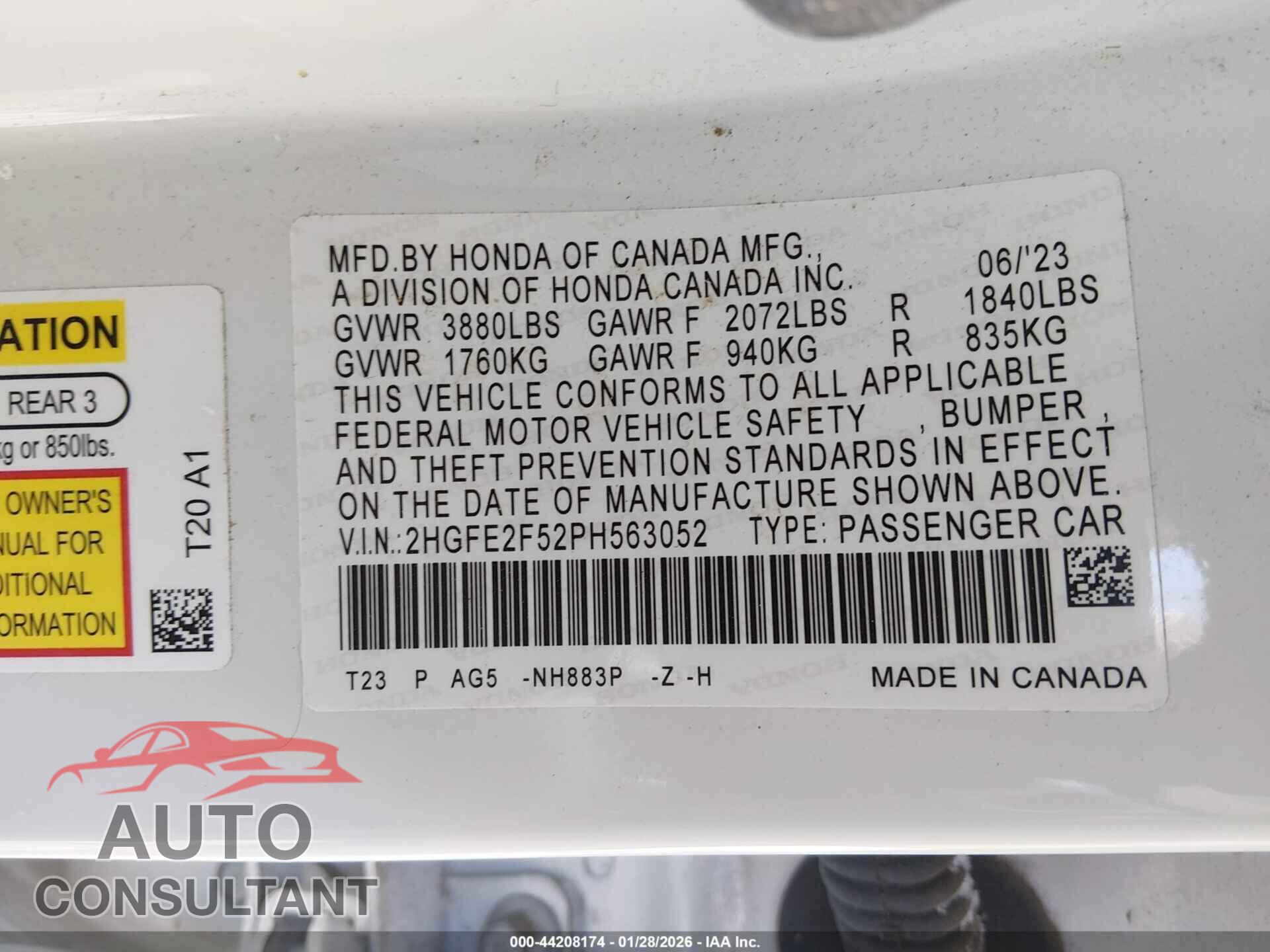 HONDA CIVIC 2023 - 2HGFE2F52PH563052