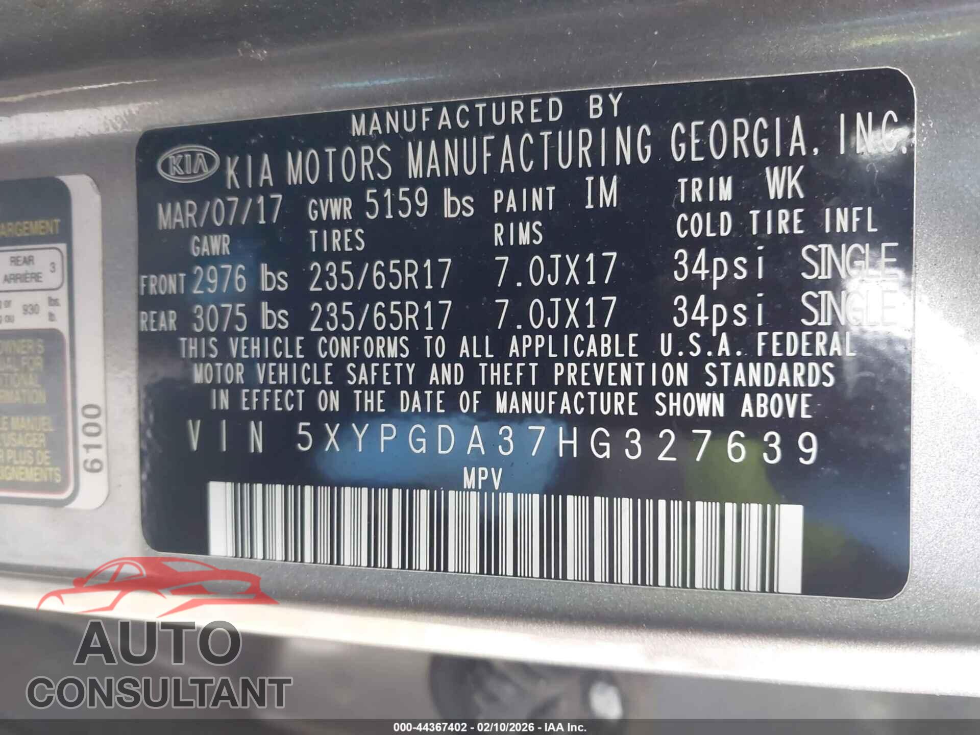 KIA SORENTO 2017 - 5XYPGDA37HG327639