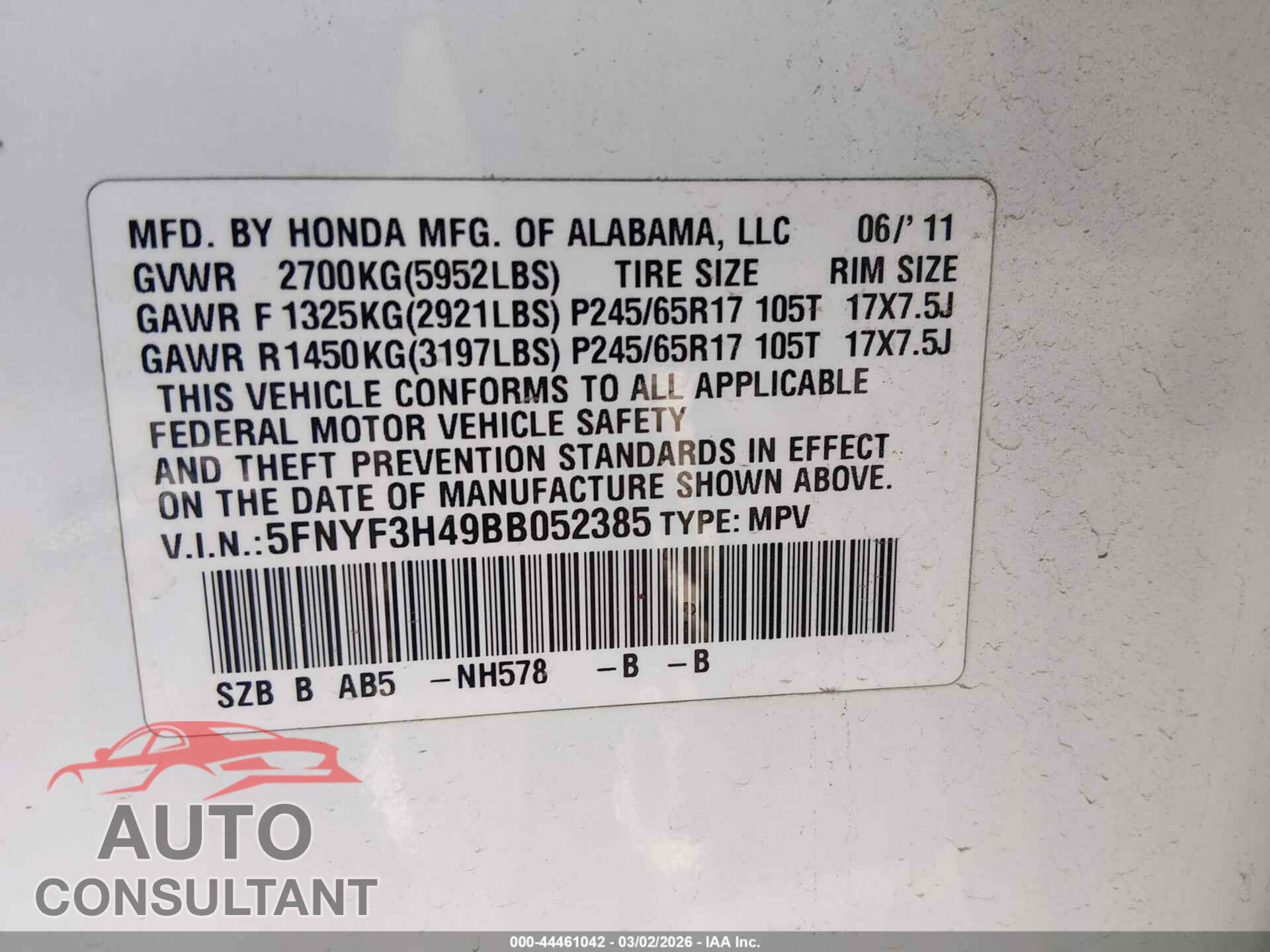 HONDA PILOT 2011 - 5FNYF3H49BB052385
