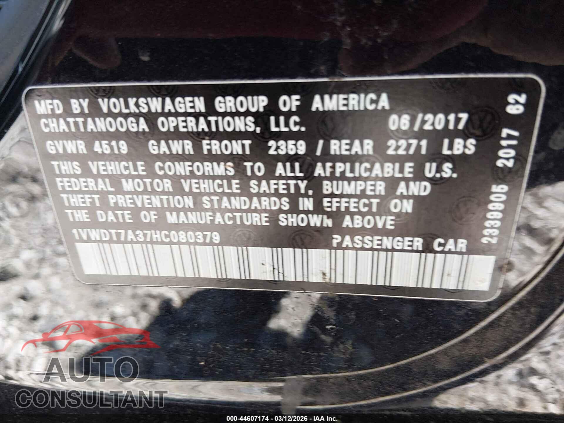 VOLKSWAGEN PASSAT 2017 - 1VWDT7A37HC080379