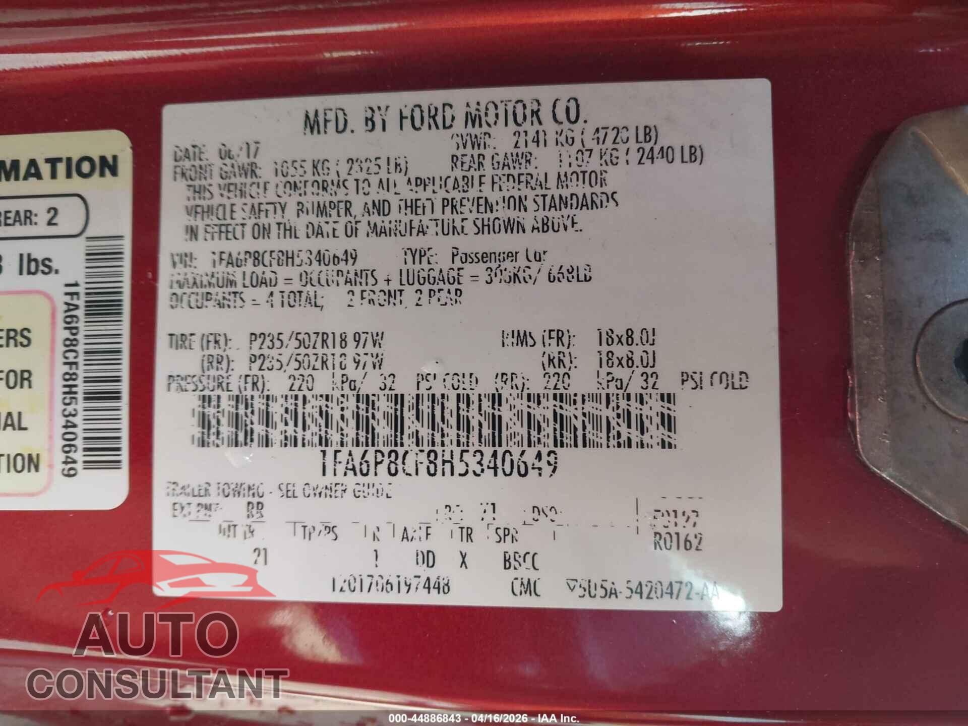 FORD MUSTANG 2017 - 1FA6P8CF8H5340649