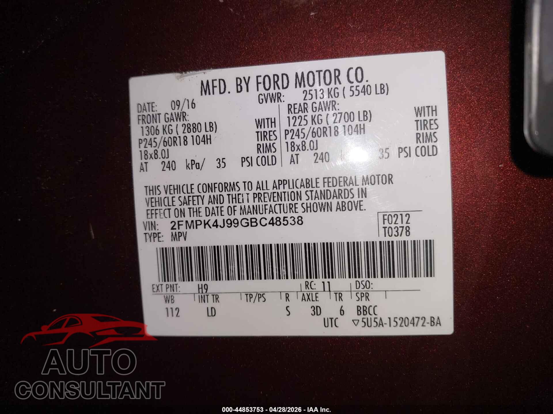 FORD EDGE 2016 - 2FMPK4J99GBC48538