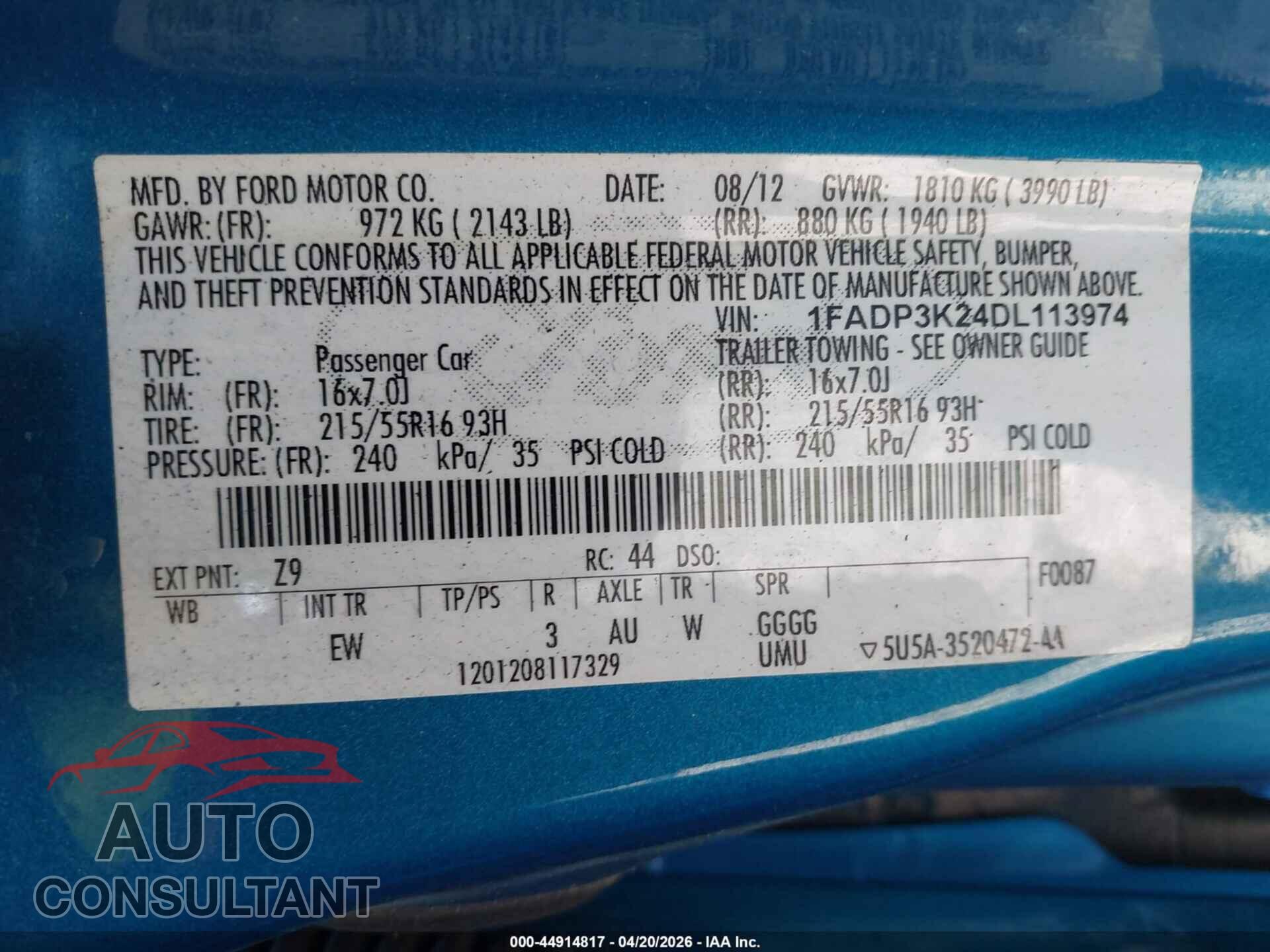 FORD FOCUS 2013 - 1FADP3K24DL113974