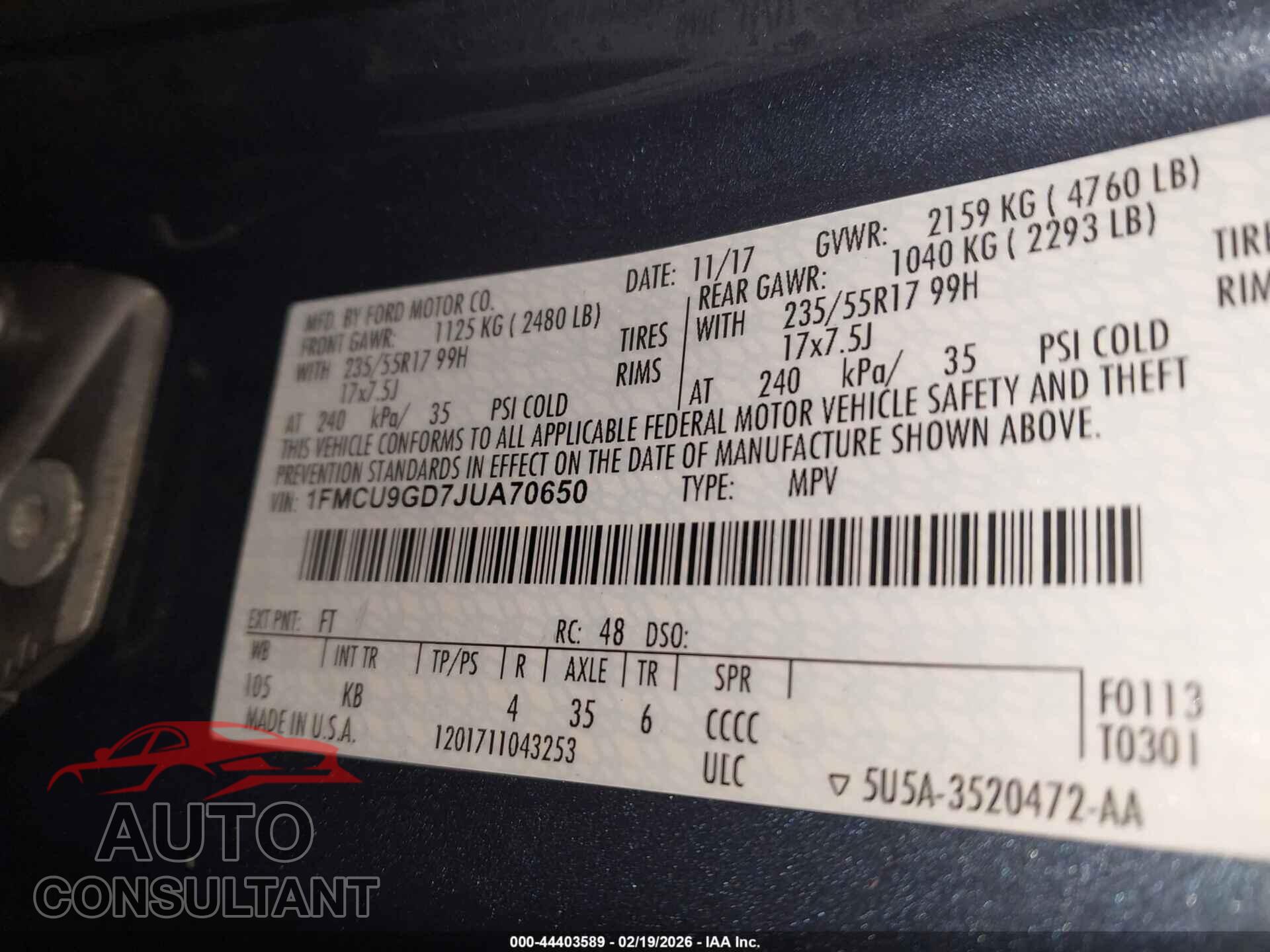 FORD ESCAPE 2018 - 1FMCU9GD7JUA70650