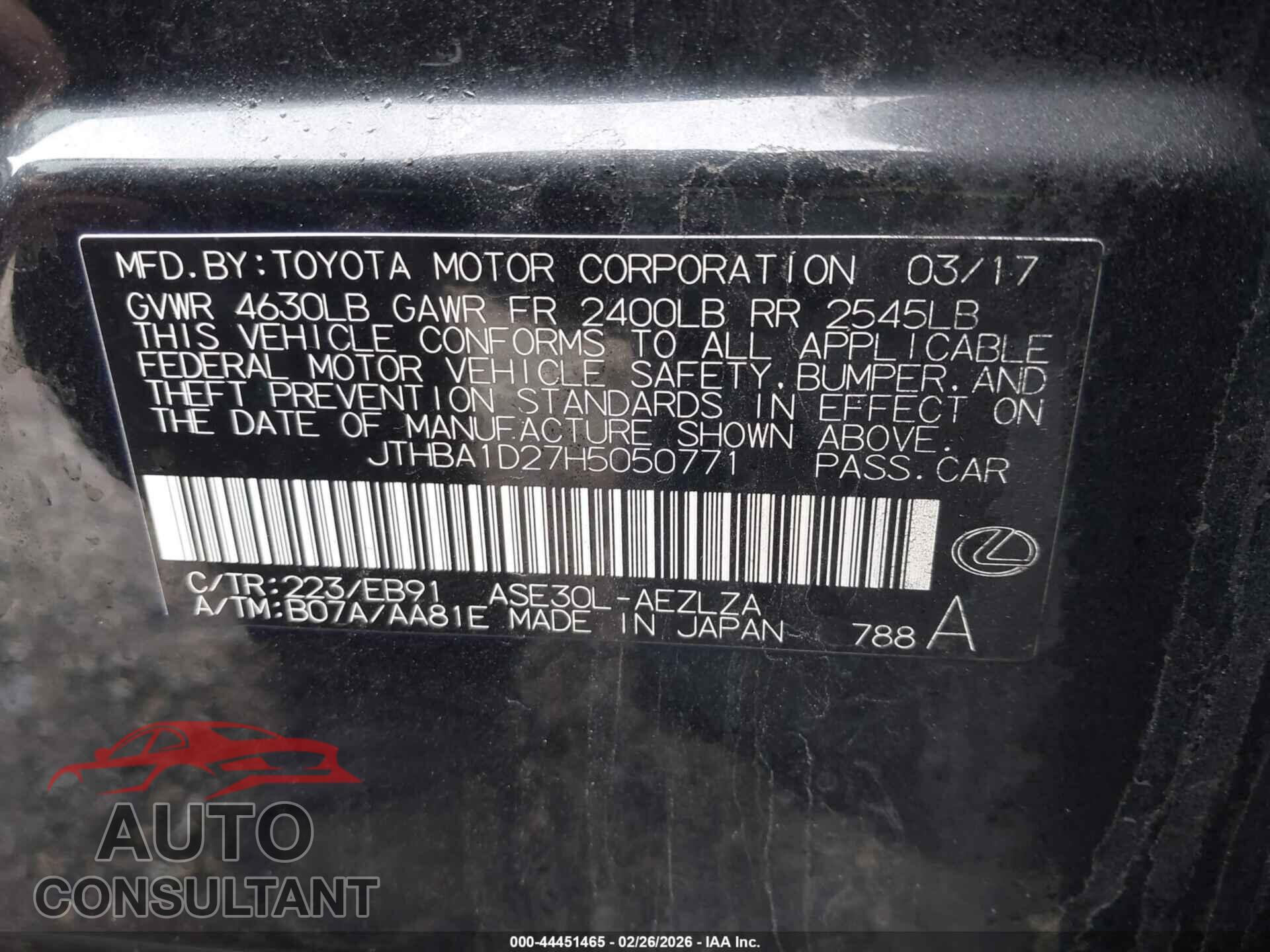 LEXUS IS 200T 2017 - JTHBA1D27H5050771