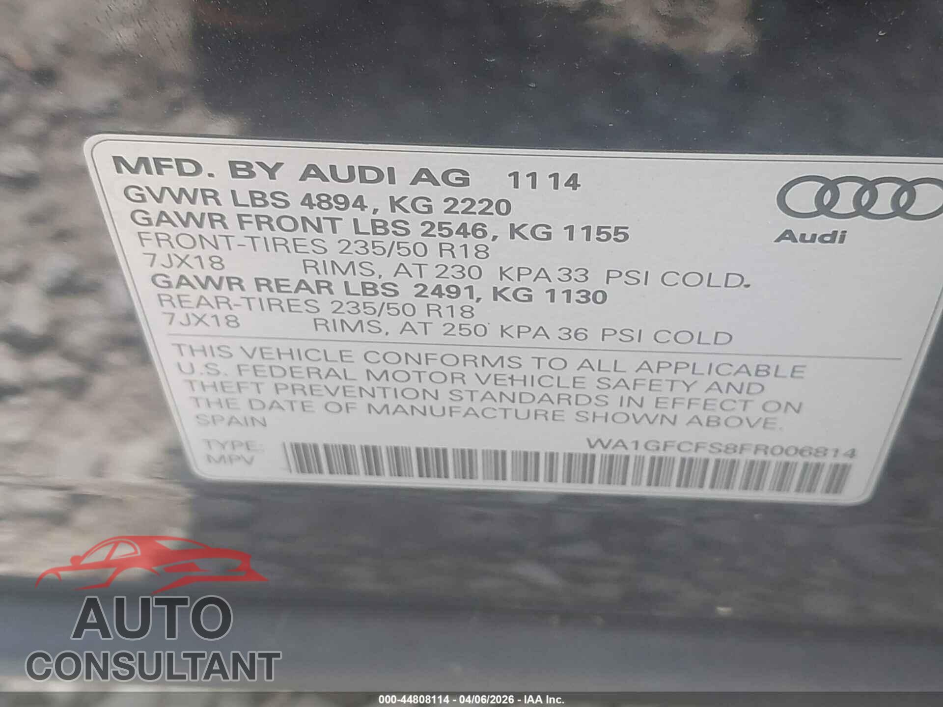 AUDI Q3 2015 - WA1GFCFS8FR006814