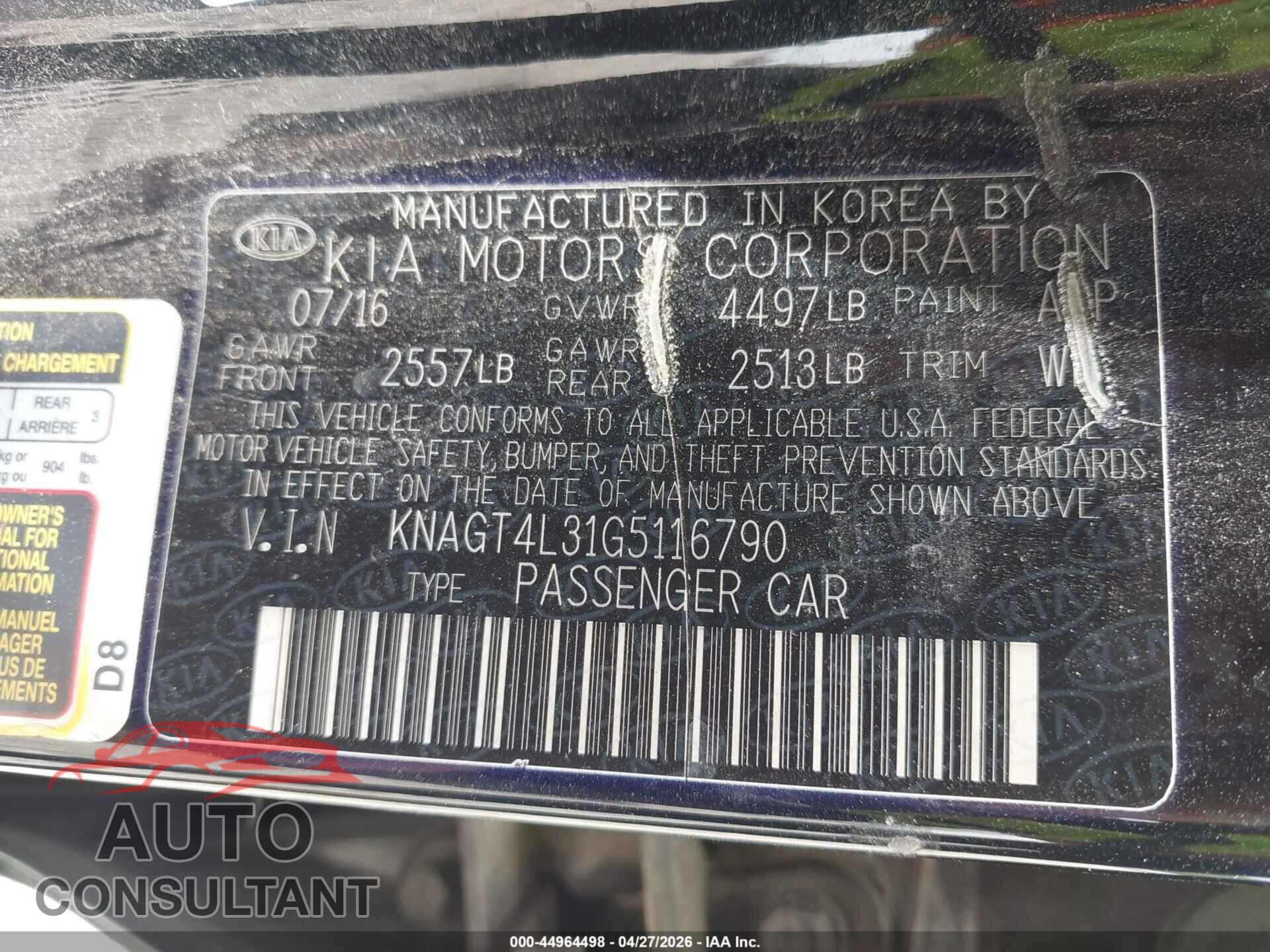 KIA OPTIMA 2016 - KNAGT4L31G5116790