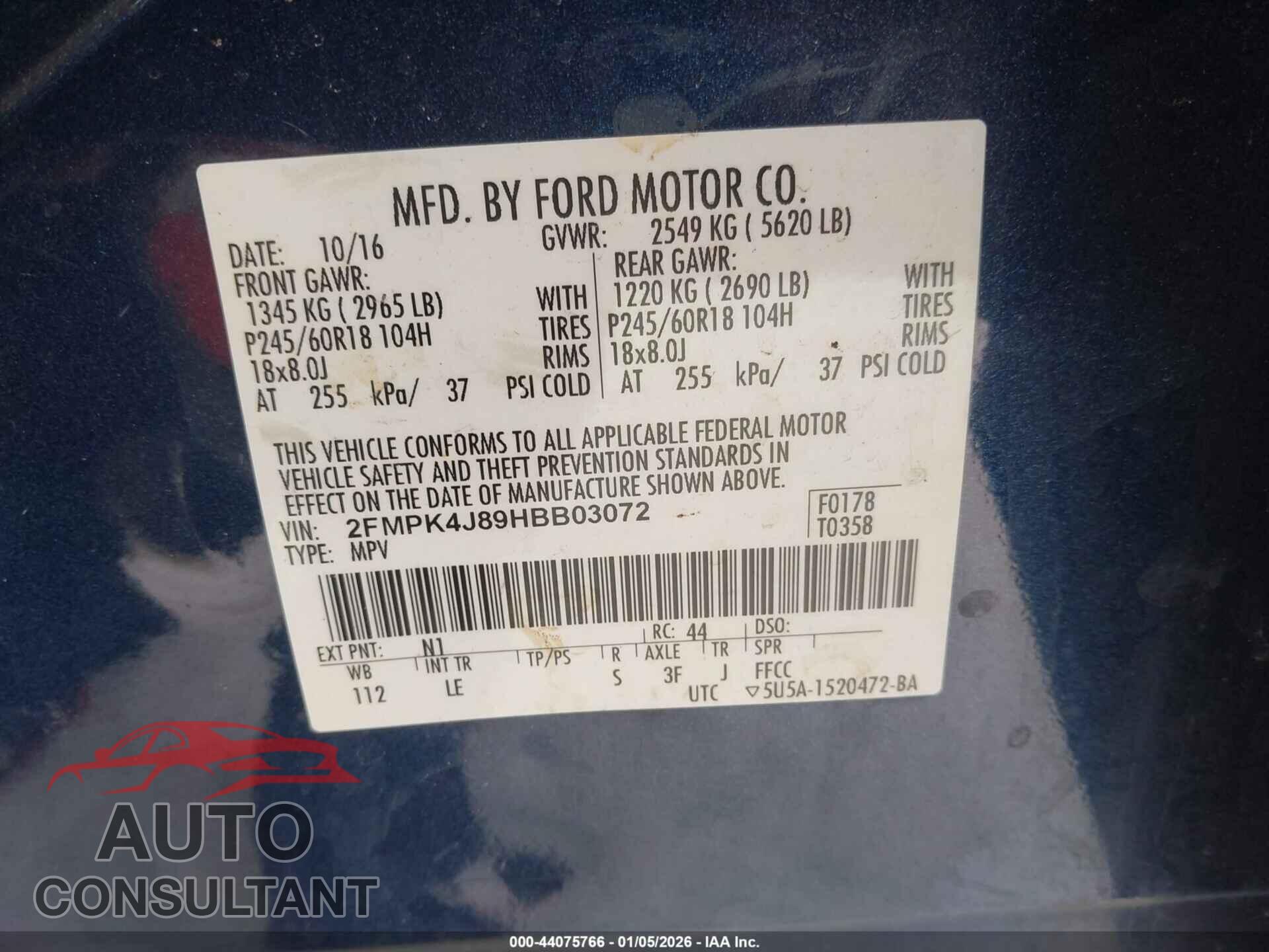 FORD EDGE 2017 - 2FMPK4J89HBB03072