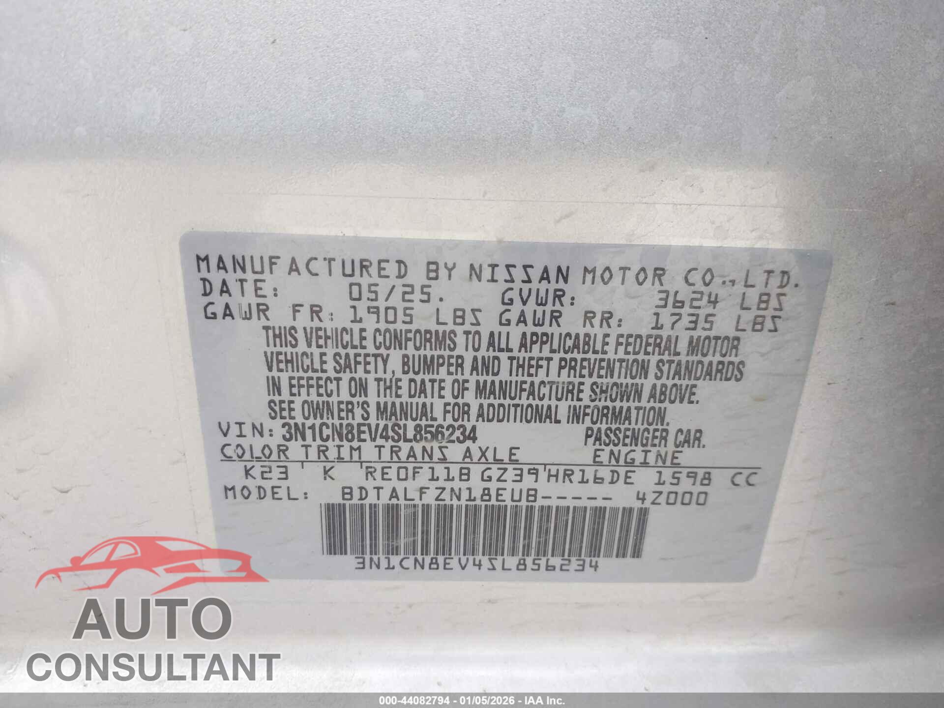 NISSAN VERSA 2025 - 3N1CN8EV4SL856234