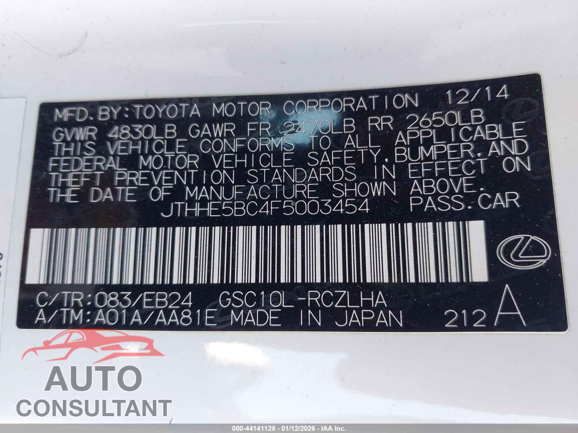 LEXUS RC 350 2015 - JTHHE5BC4F5003454