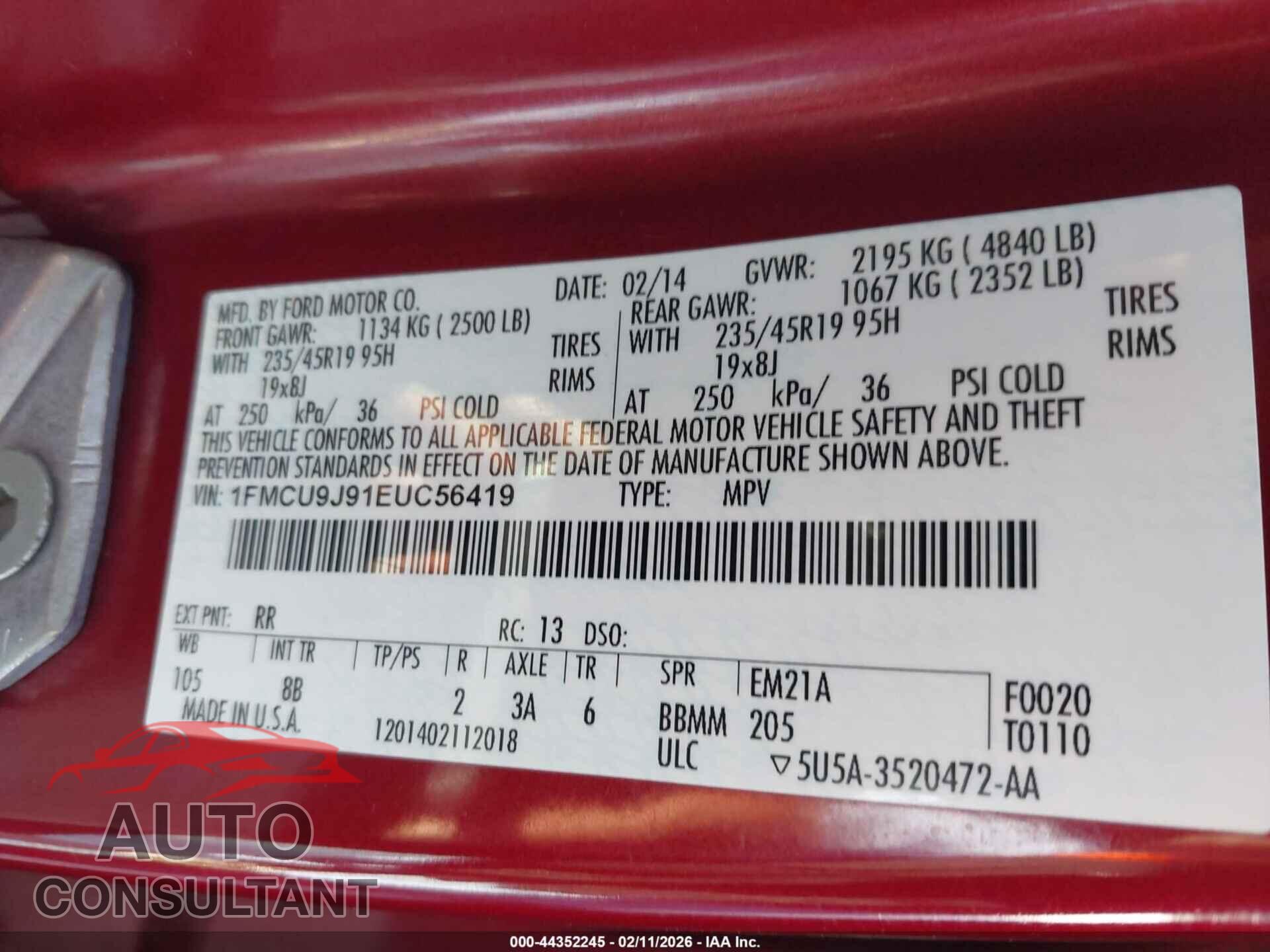 FORD ESCAPE 2014 - 1FMCU9J91EUC56419