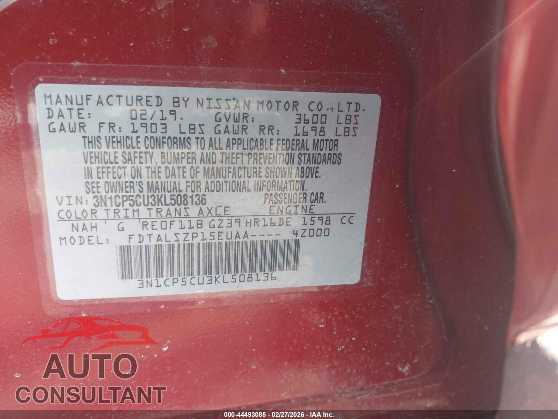 NISSAN KICKS 2019 - 3N1CP5CU3KL508136