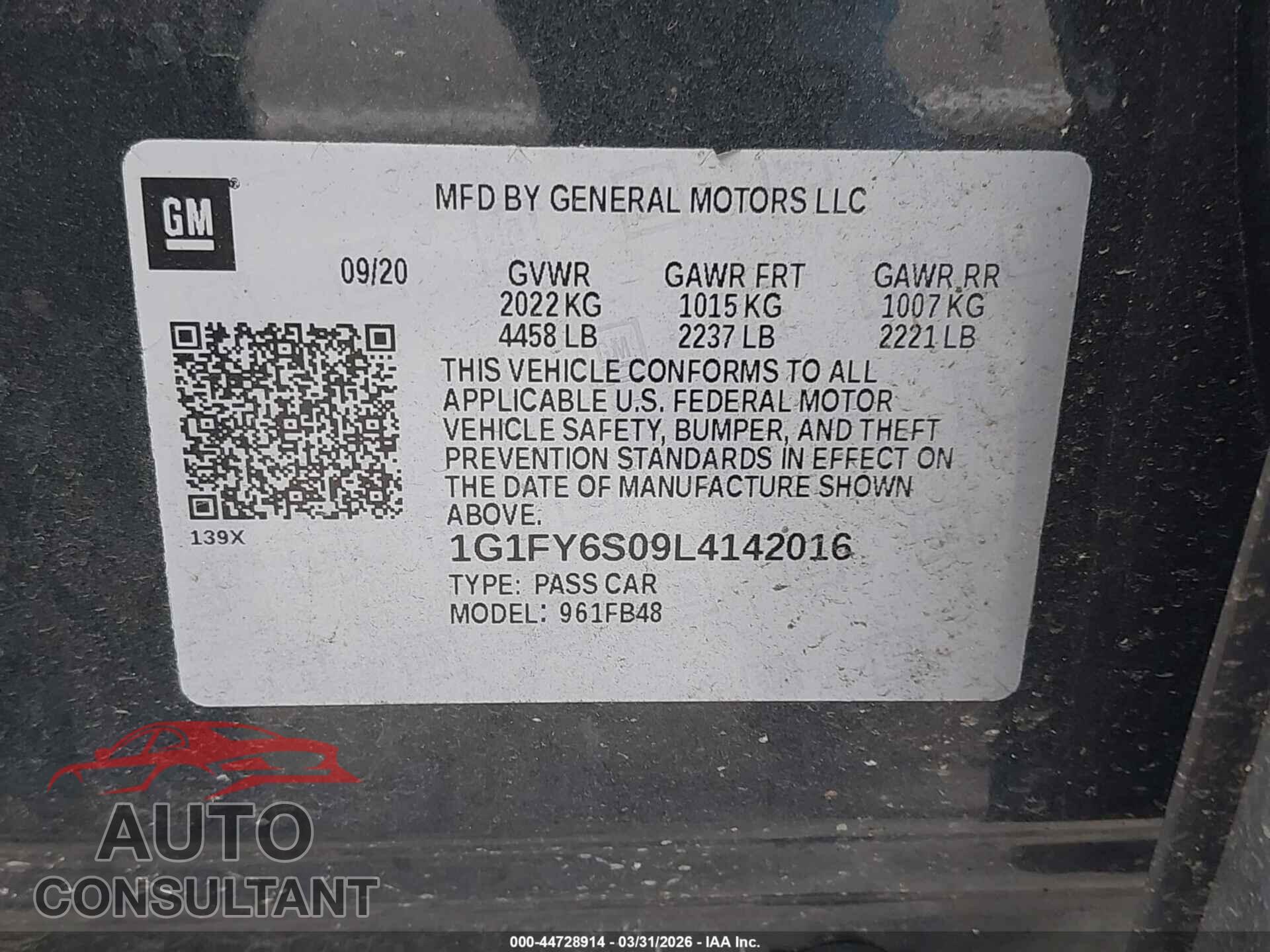 CHEVROLET BOLT EV 2020 - 1G1FY6S09L4142016