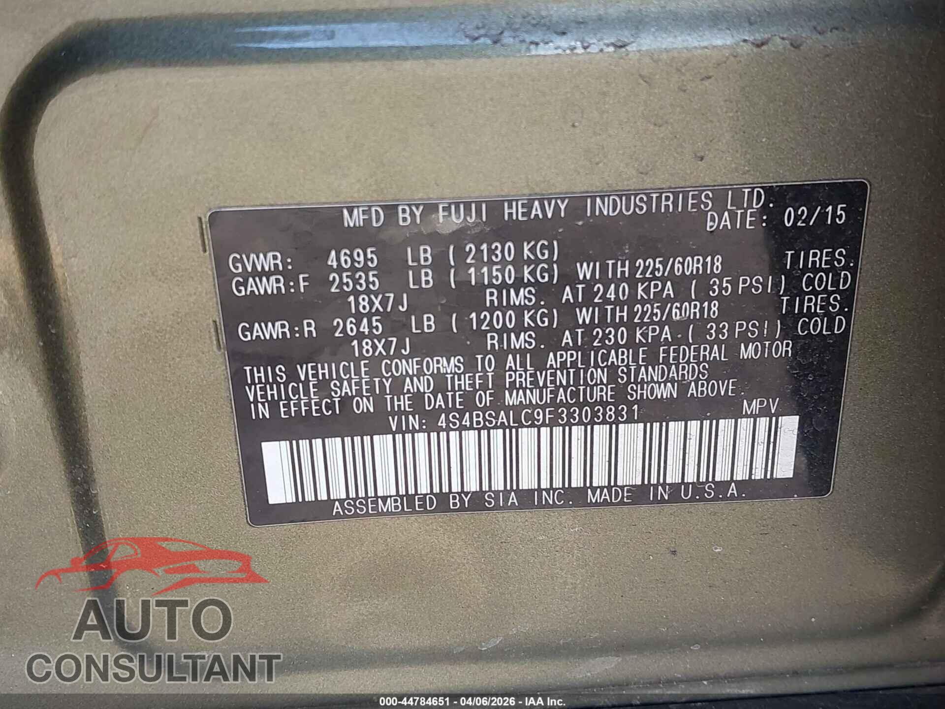 SUBARU OUTBACK 2015 - 4S4BSALC9F3303831