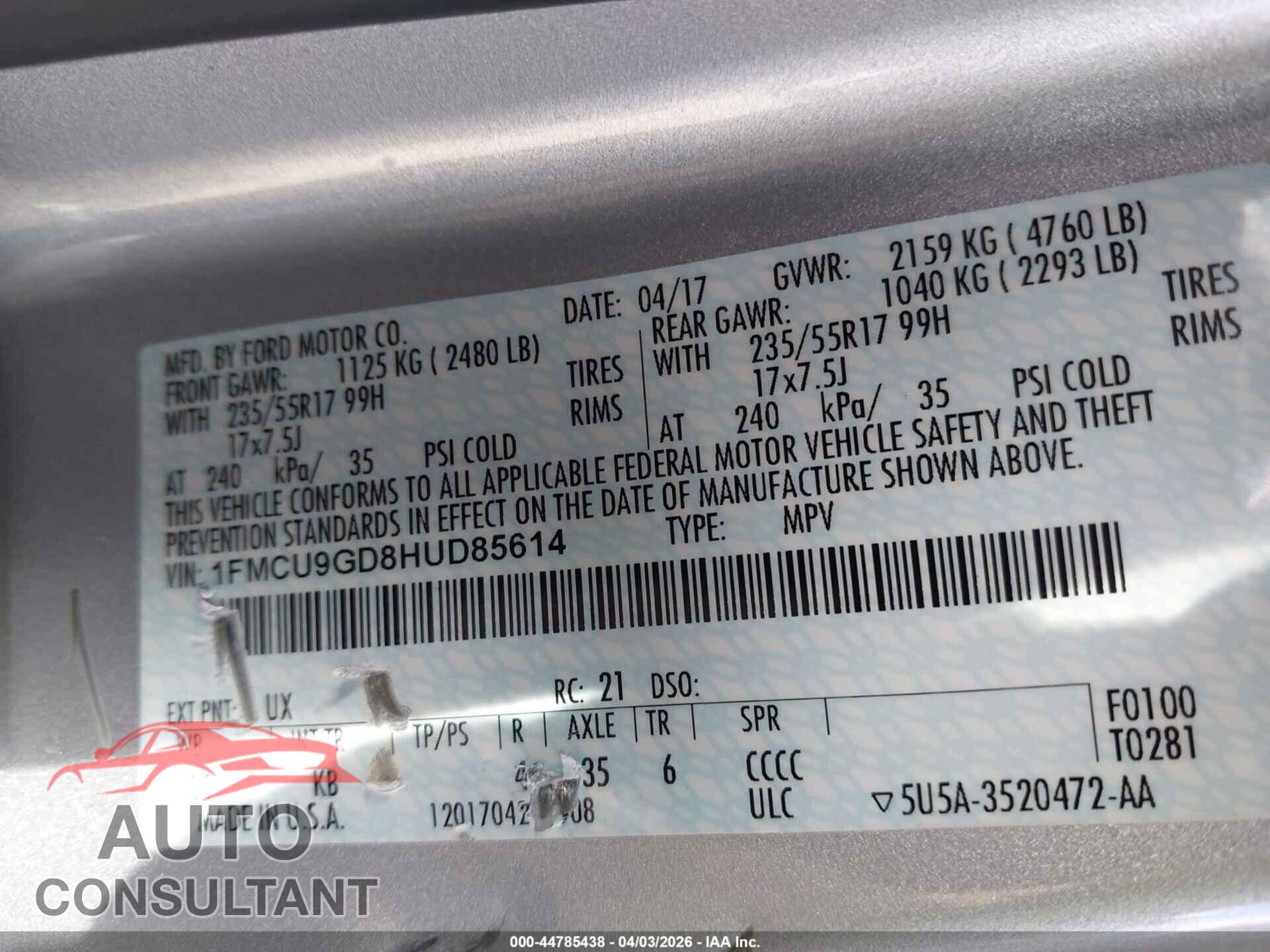 FORD ESCAPE 2017 - 1FMCU9GD8HUD85614