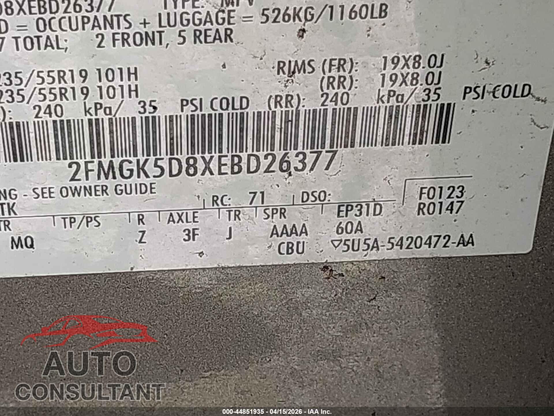 FORD FLEX 2014 - 2FMGK5D8XEBD26377