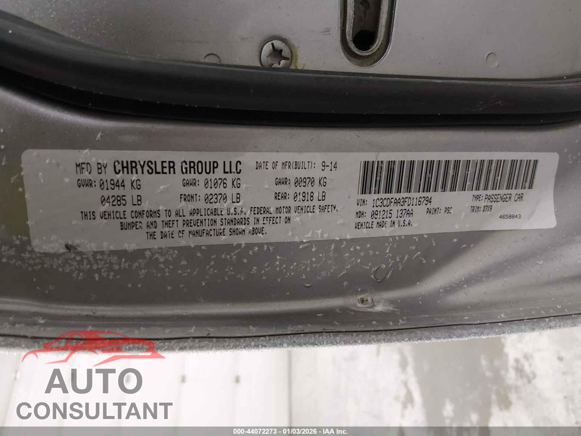 DODGE DART 2015 - 1C3CDFAA3FD116794