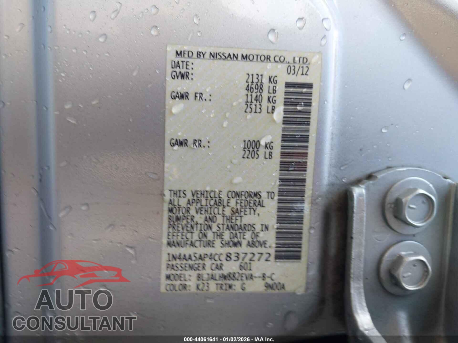 NISSAN MAXIMA 2012 - 1N4AA5AP4CC837272