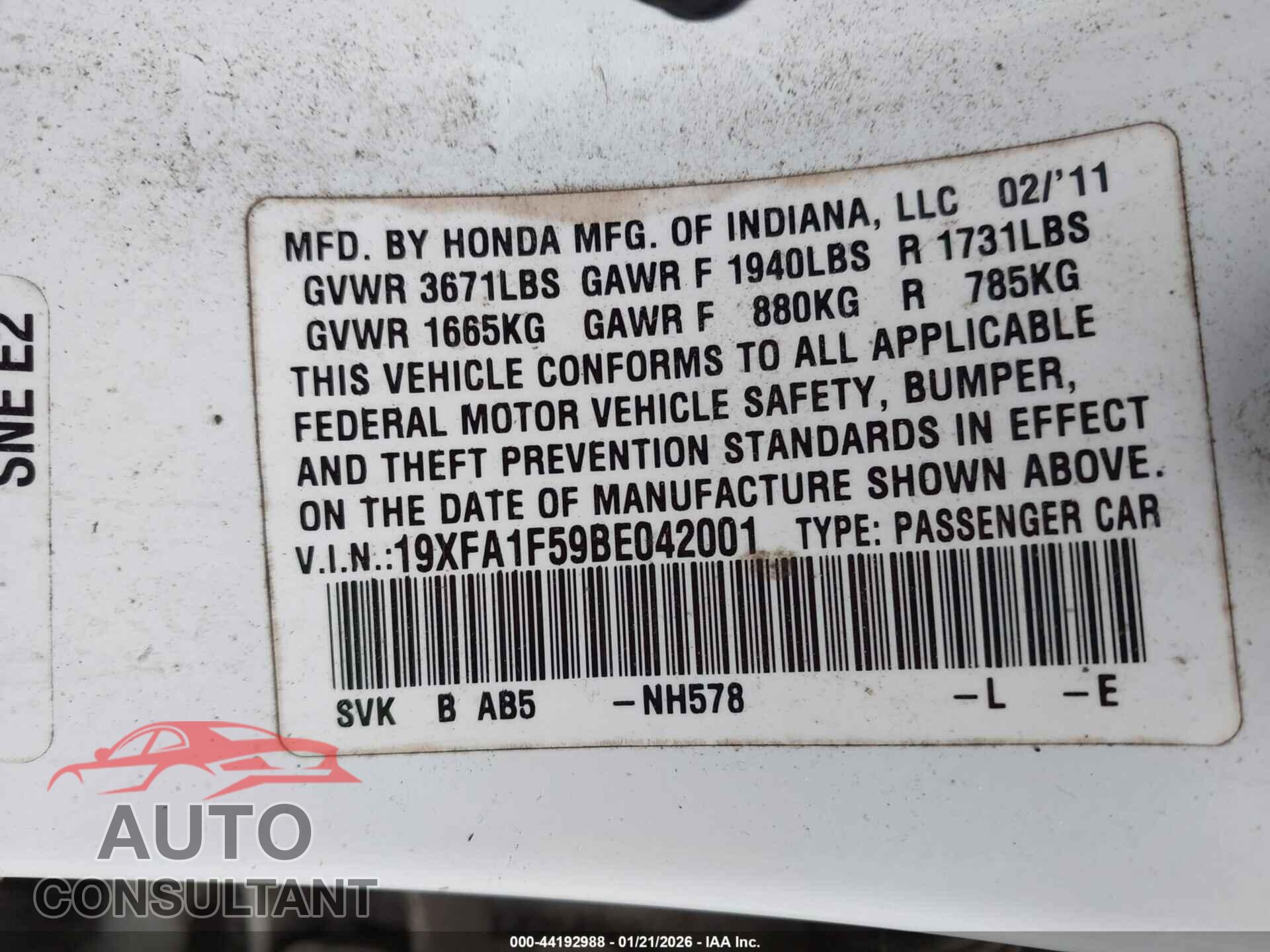 HONDA CIVIC 2011 - 19XFA1F59BE042001