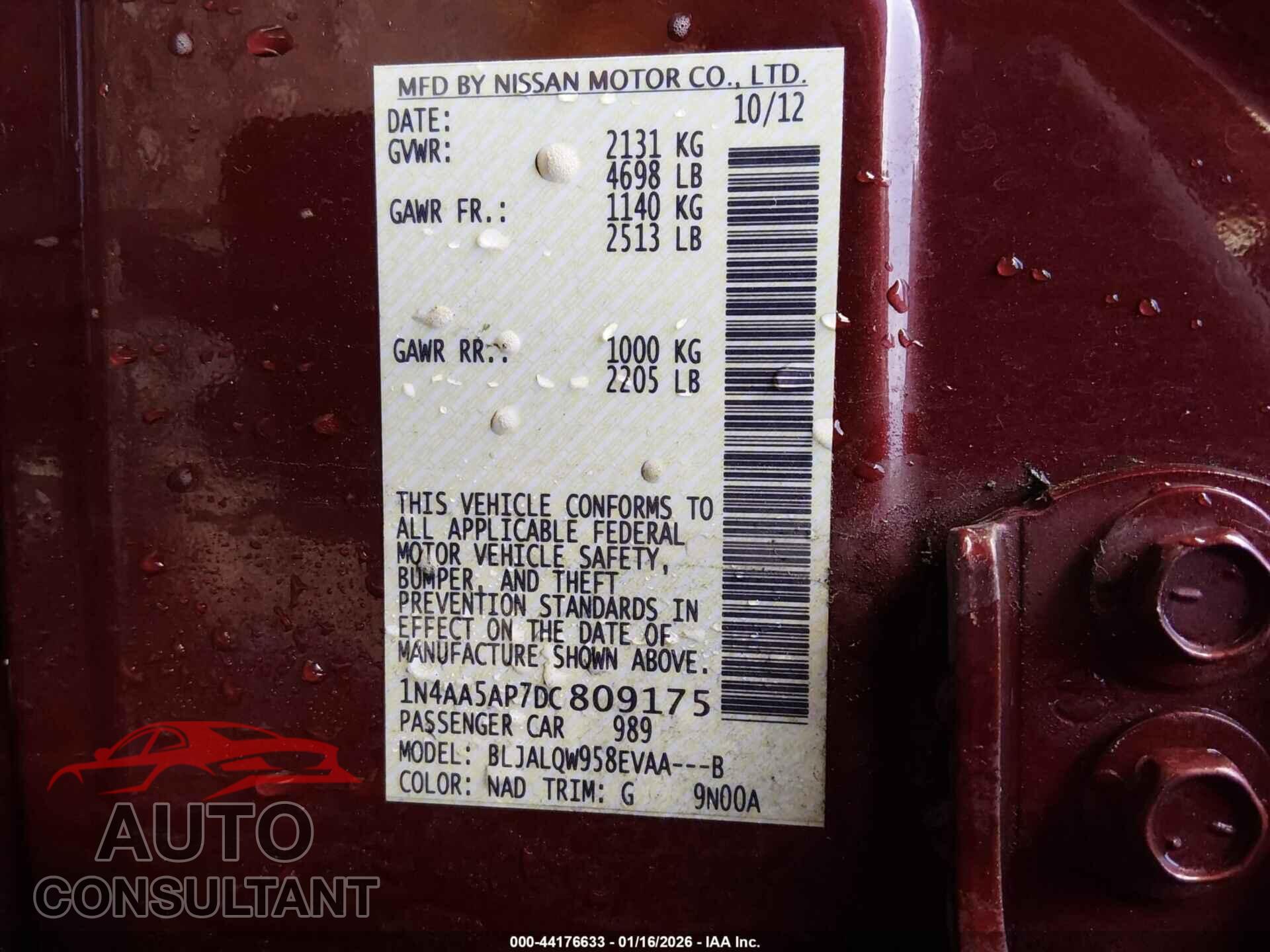 NISSAN MAXIMA 2013 - 1N4AA5AP7DC809175
