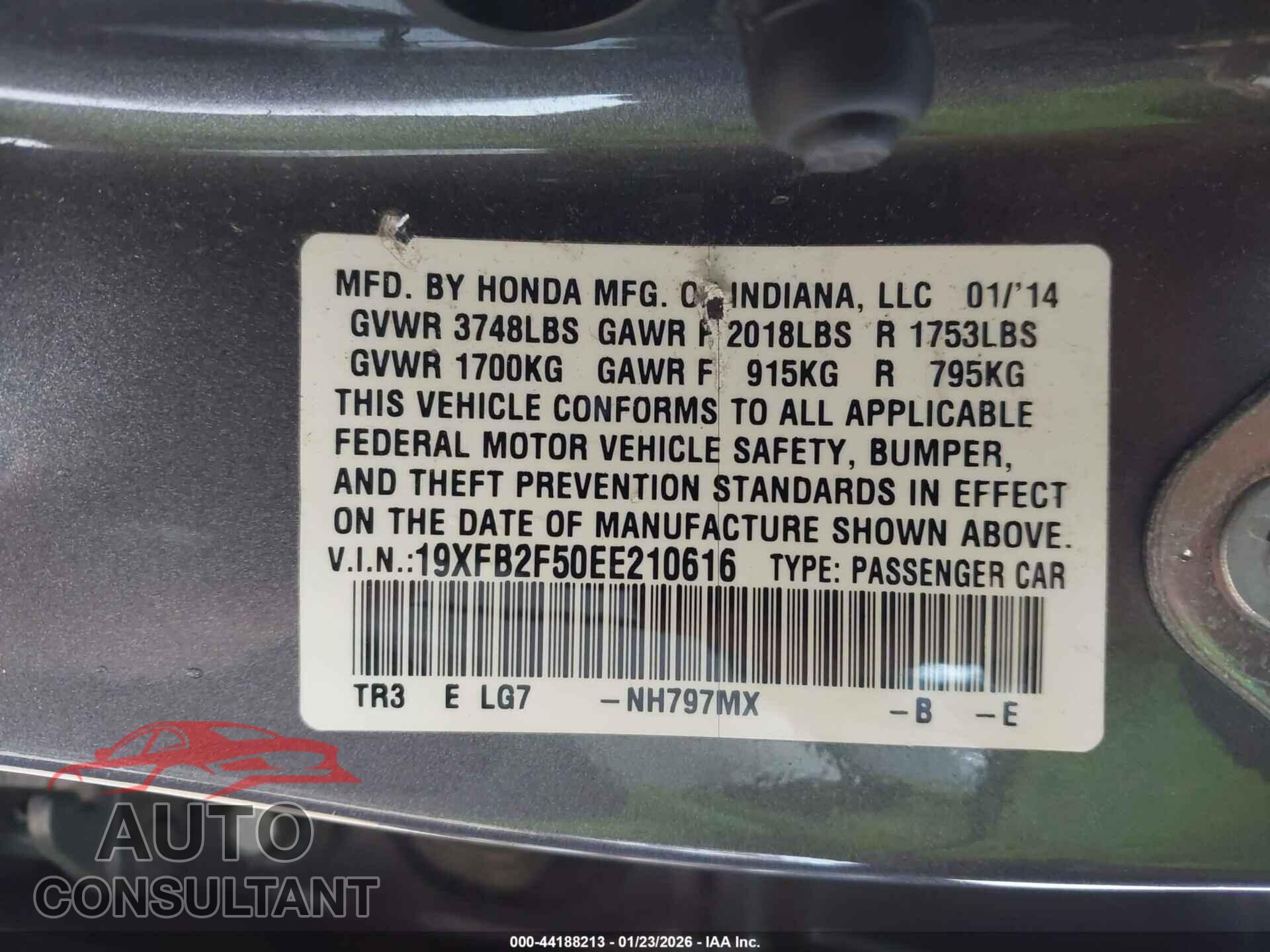 HONDA CIVIC 2014 - 19XFB2F50EE210616