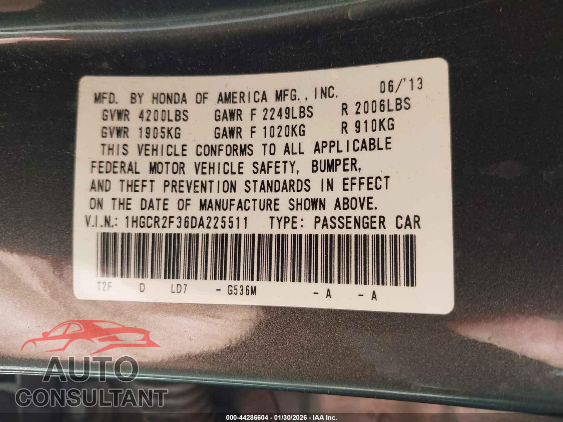 HONDA ACCORD 2013 - 1HGCR2F36DA225511