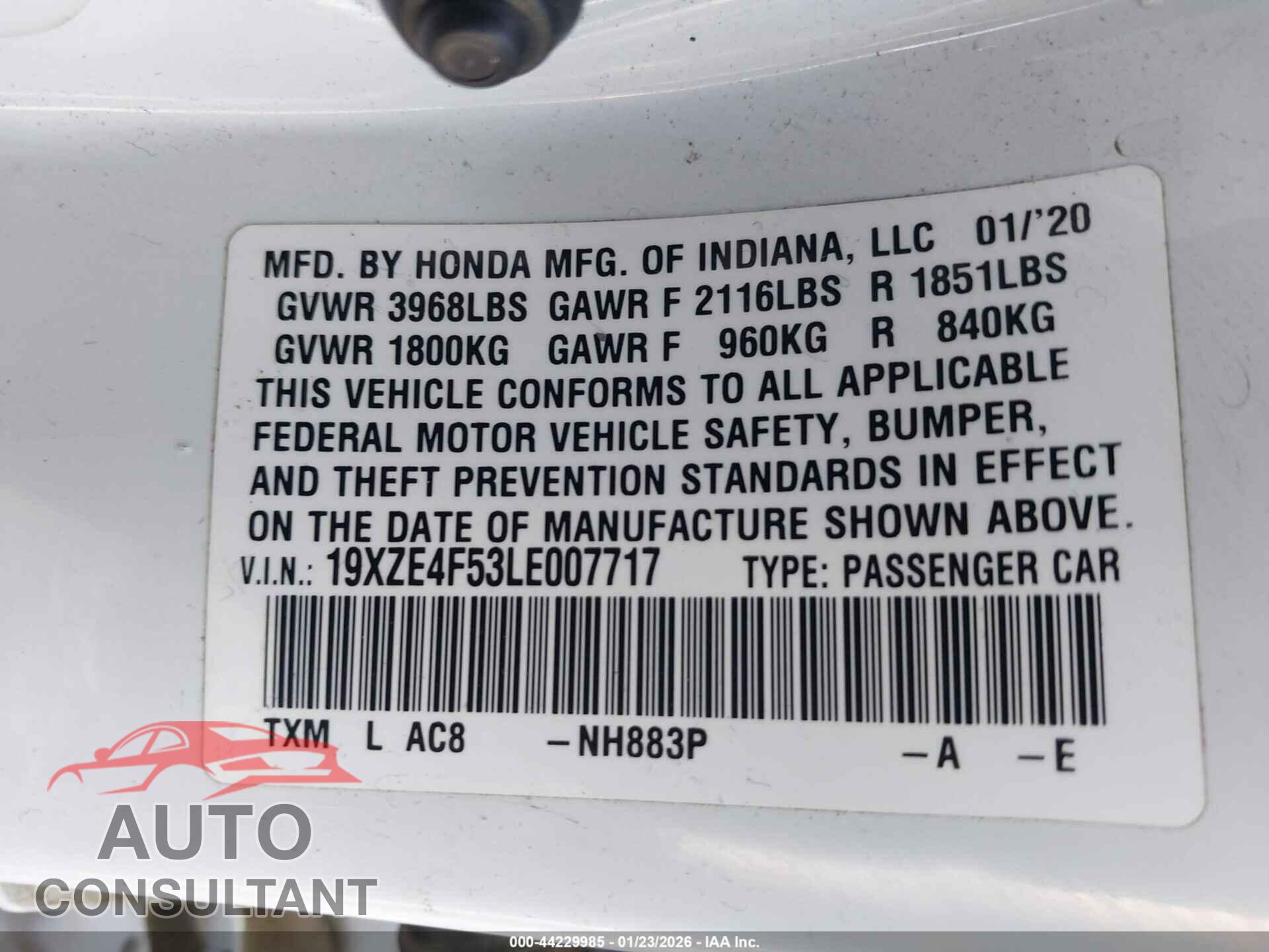 HONDA INSIGHT 2020 - 19XZE4F53LE007717