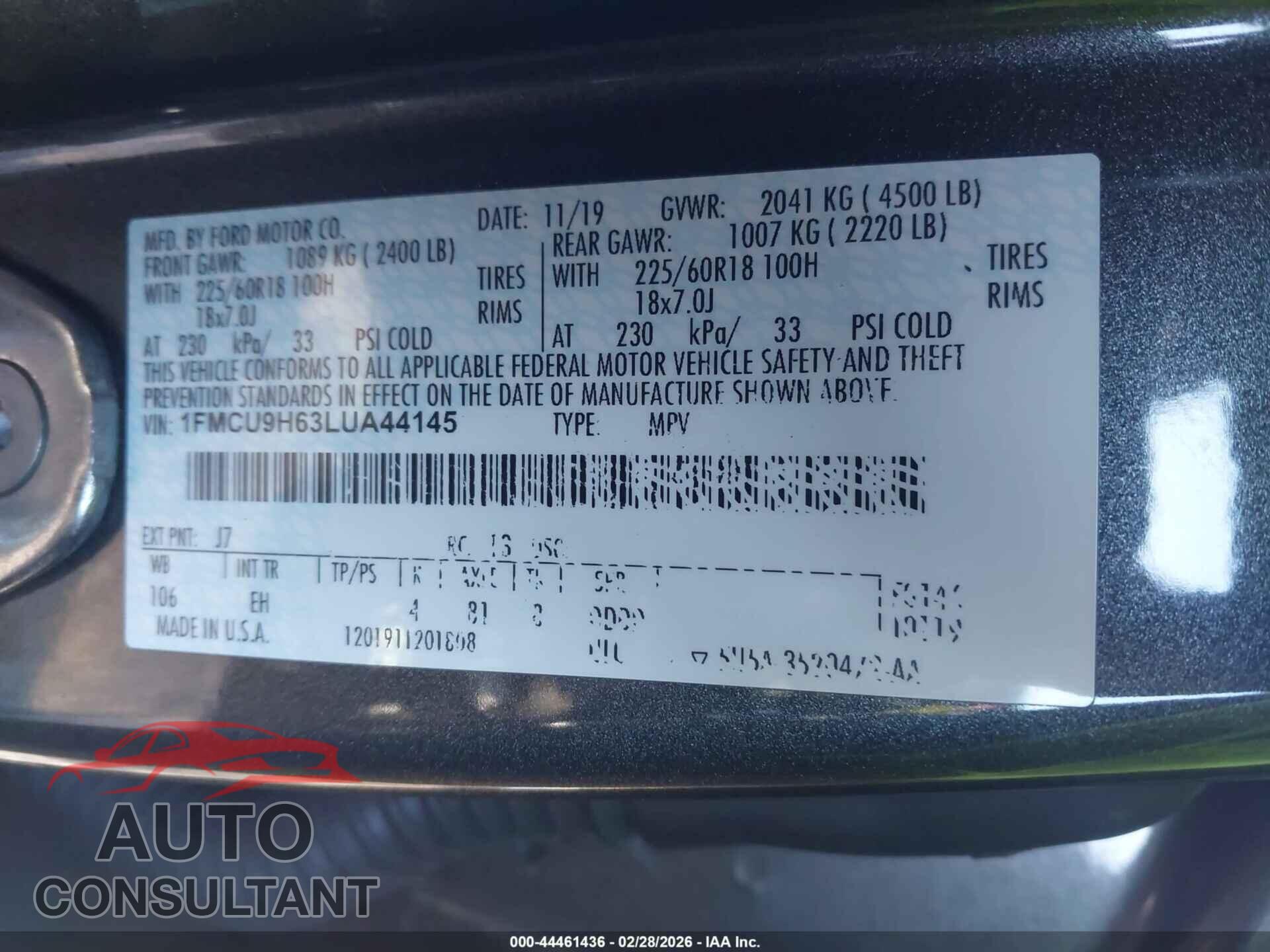 FORD ESCAPE 2020 - 1FMCU9H63LUA44145