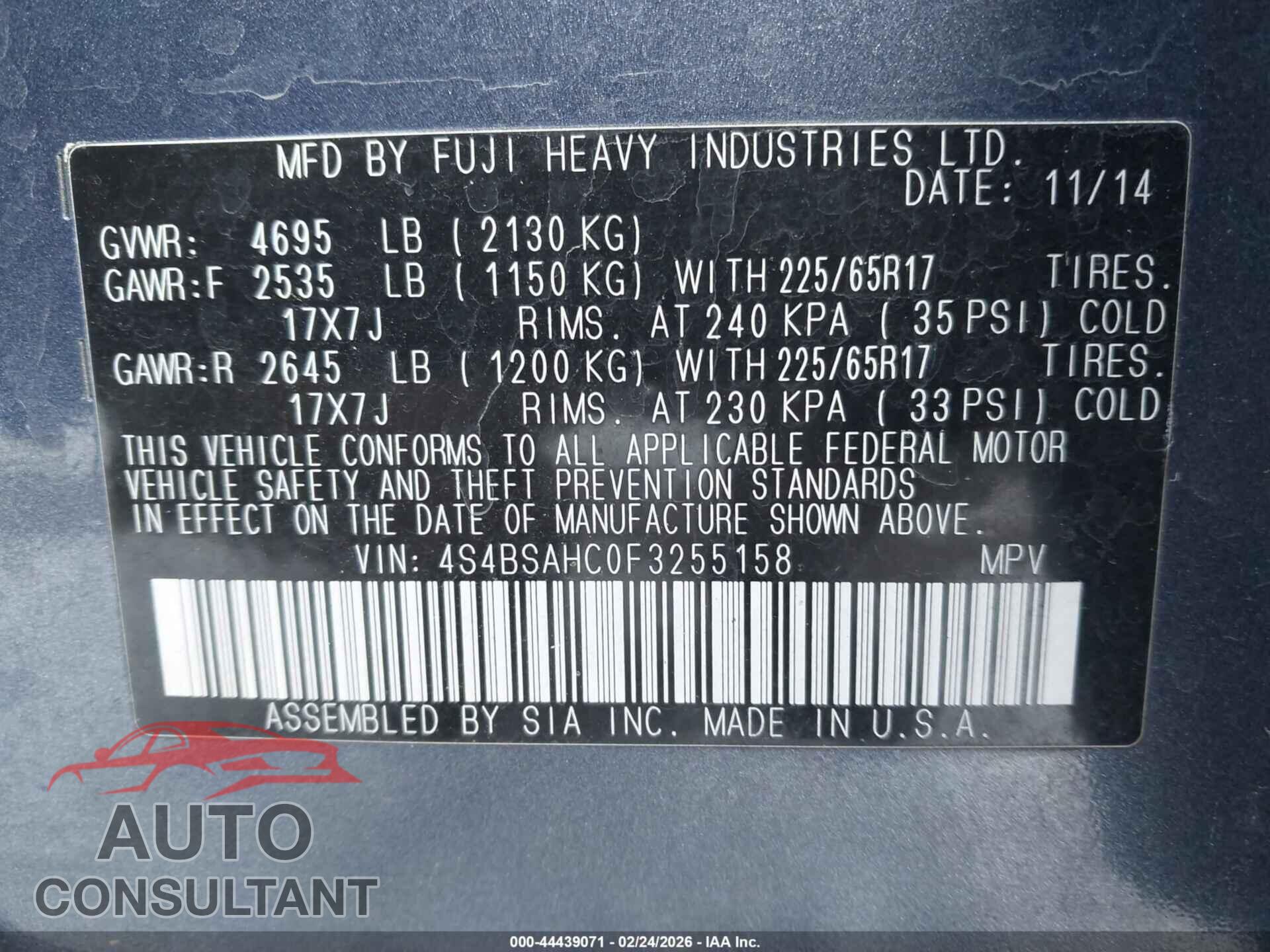 SUBARU OUTBACK 2015 - 4S4BSAHC0F3255158
