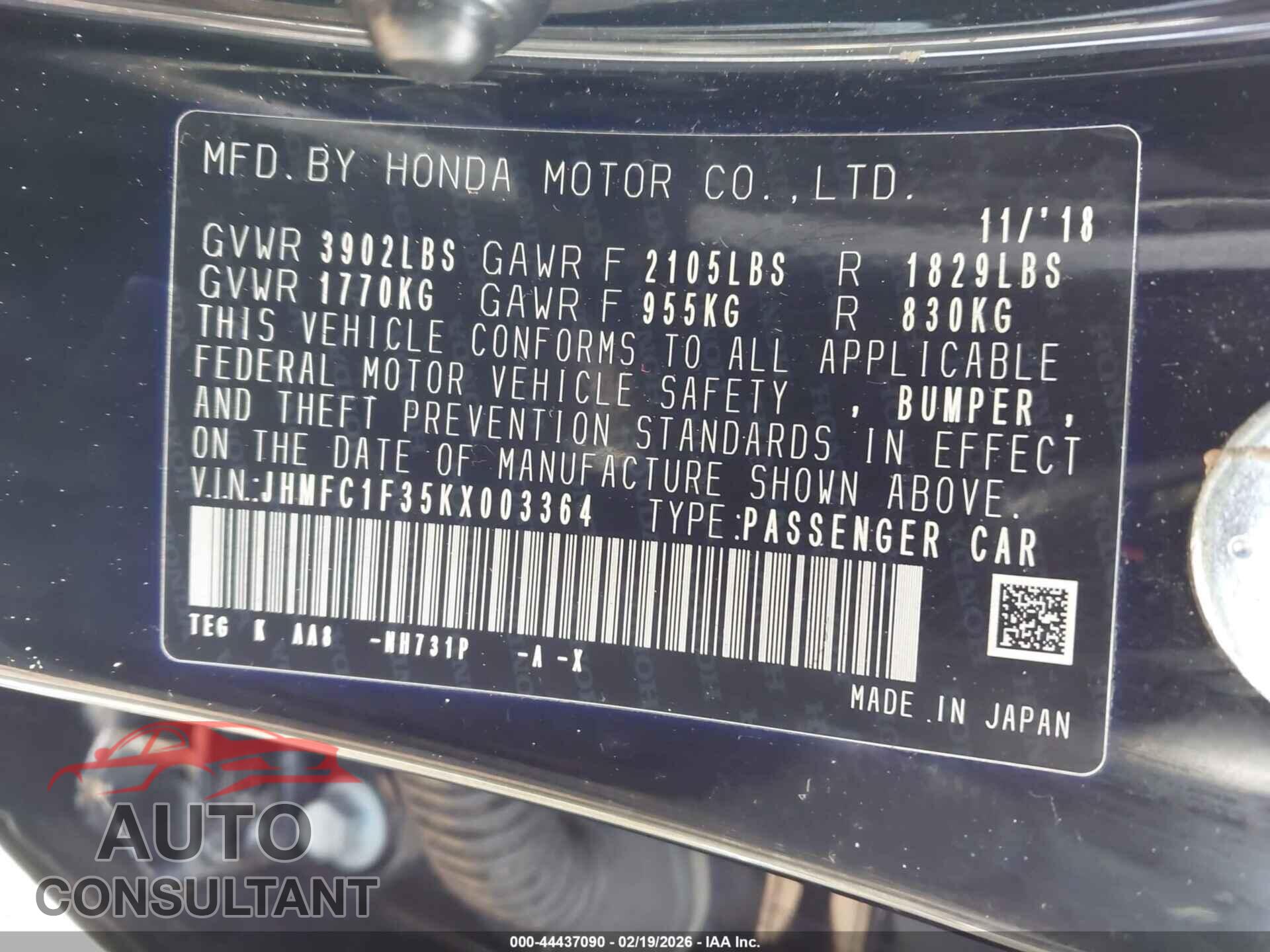 HONDA CIVIC 2019 - JHMFC1F35KX003364