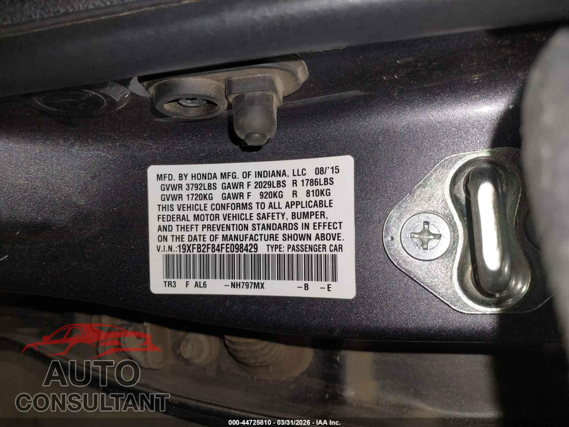 HONDA CIVIC 2015 - 19XFB2F84FE098429
