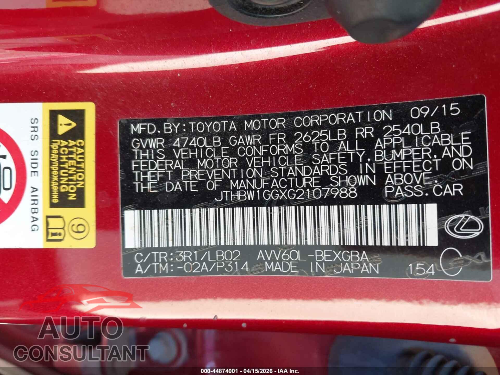 LEXUS ES 300H 2016 - JTHBW1GGXG2107988