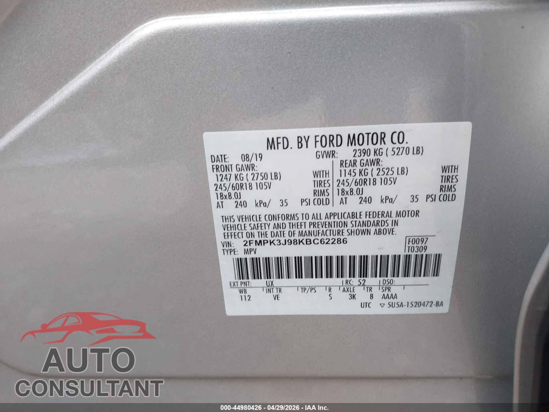 FORD EDGE 2019 - 2FMPK3J98KBC62286
