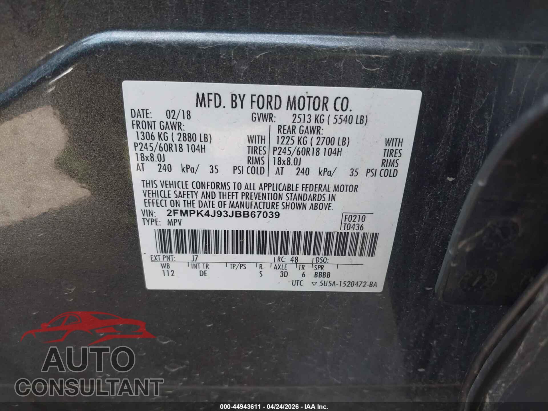 FORD EDGE 2018 - 2FMPK4J93JBB67039