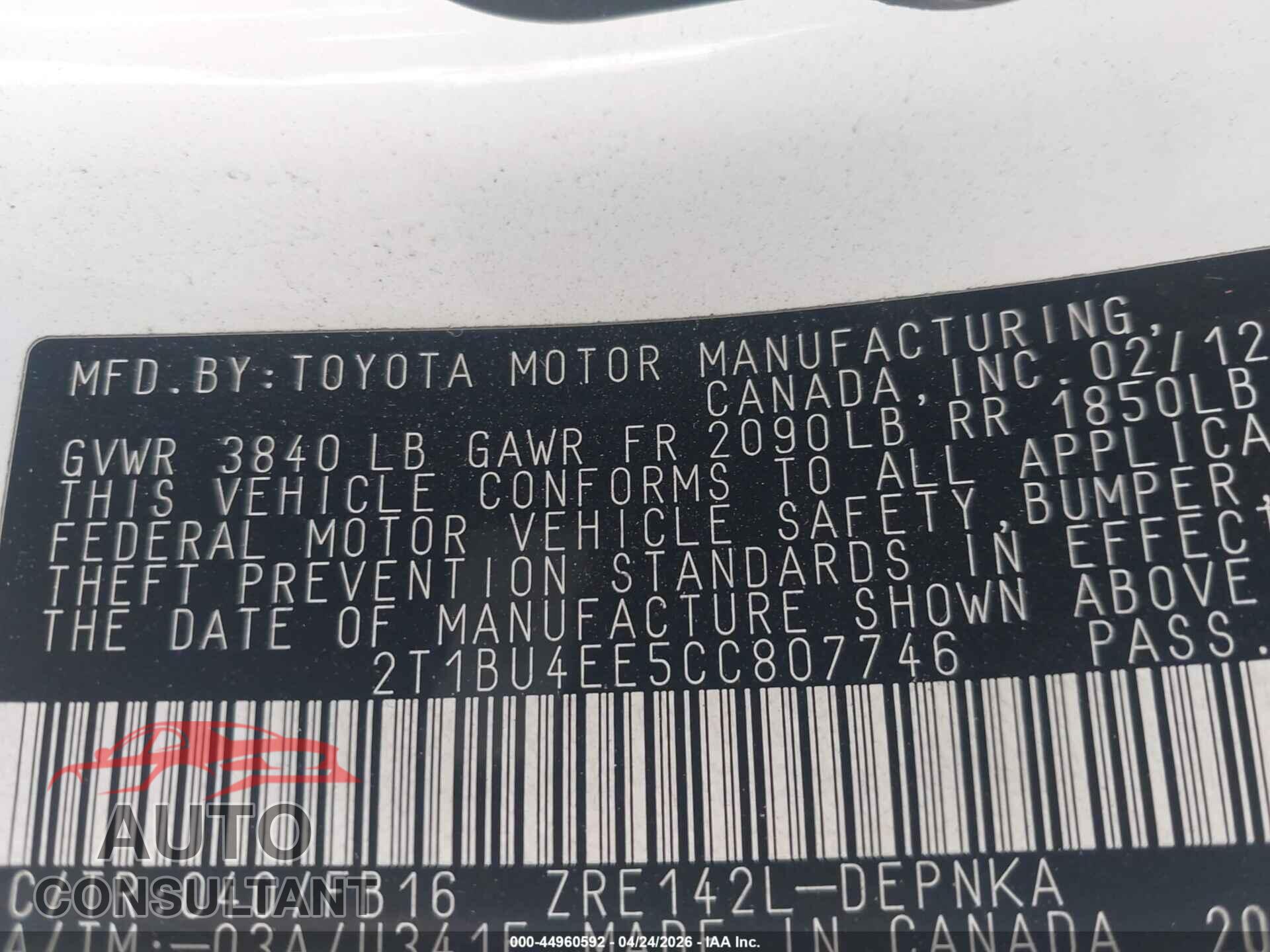 TOYOTA COROLLA 2012 - 2T1BU4EE5CC807746