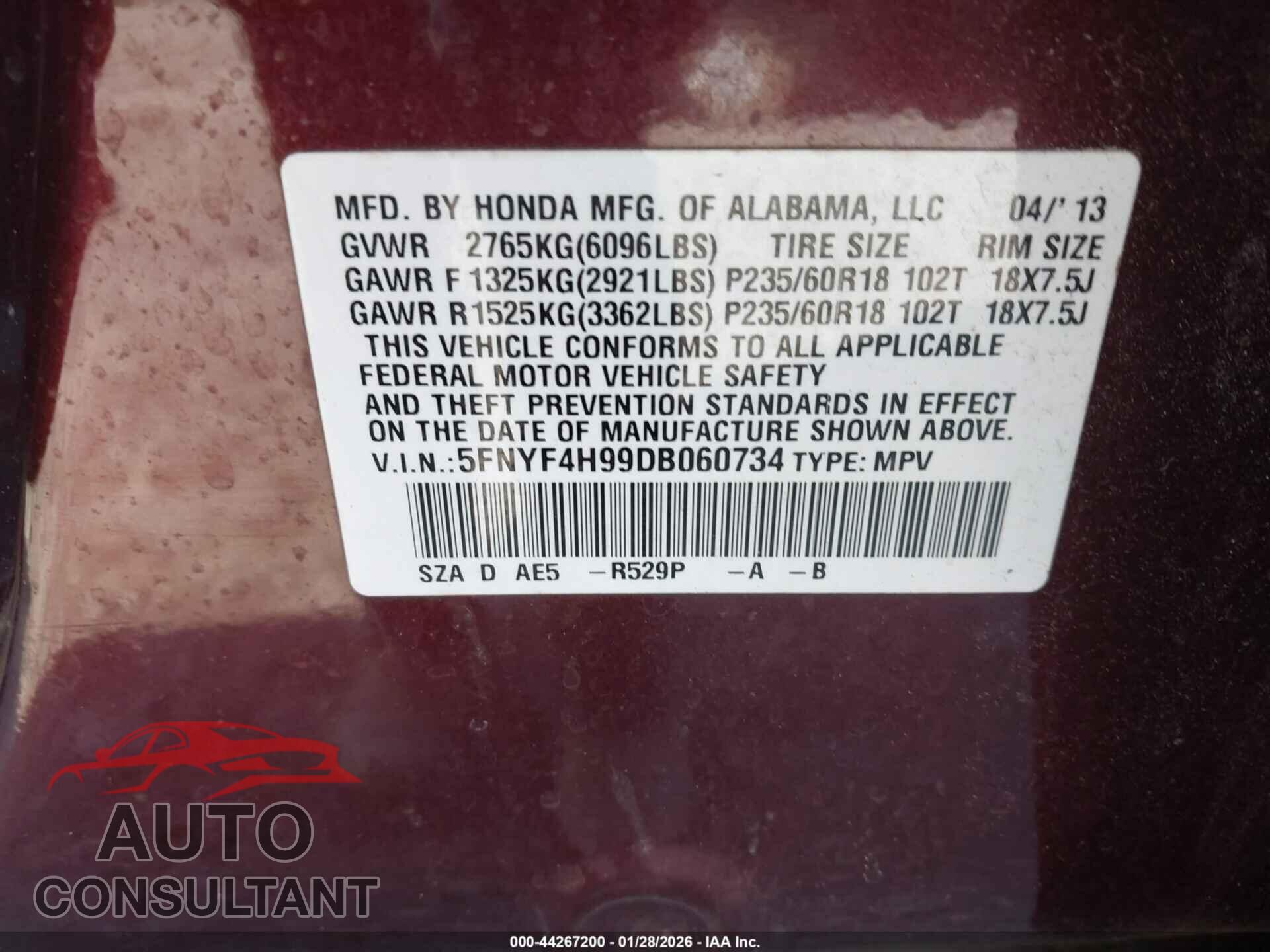 HONDA PILOT 2013 - 5FNYF4H99DB060734
