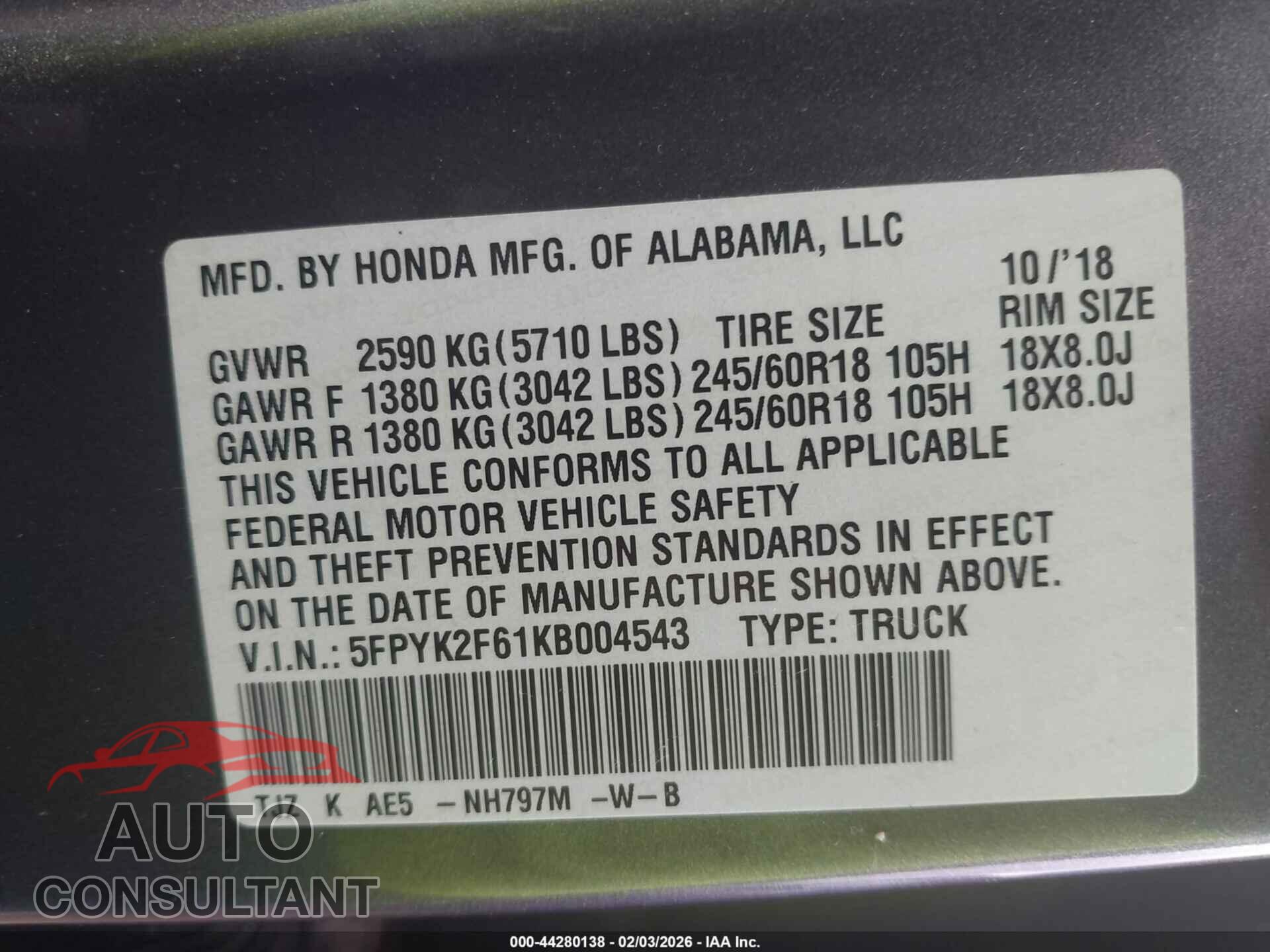 HONDA RIDGELINE 2019 - 5FPYK2F61KB004543