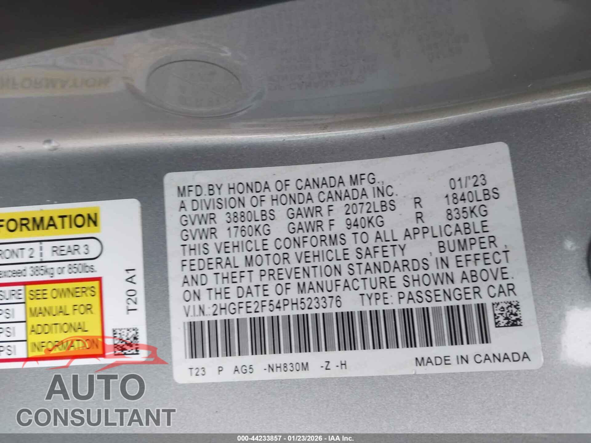 HONDA CIVIC 2023 - 2HGFE2F54PH523376