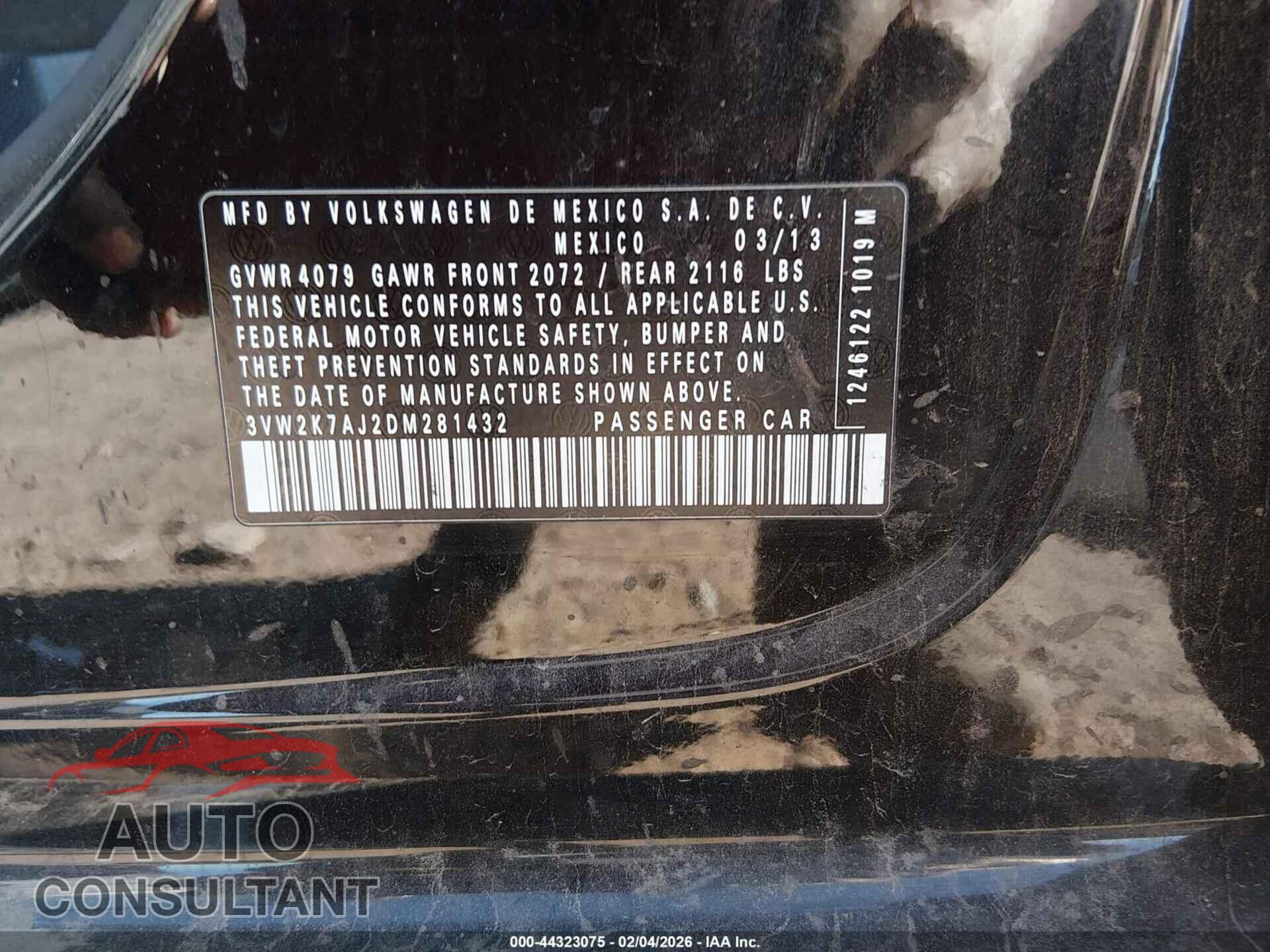 VOLKSWAGEN JETTA 2013 - 3VW2K7AJ2DM281432
