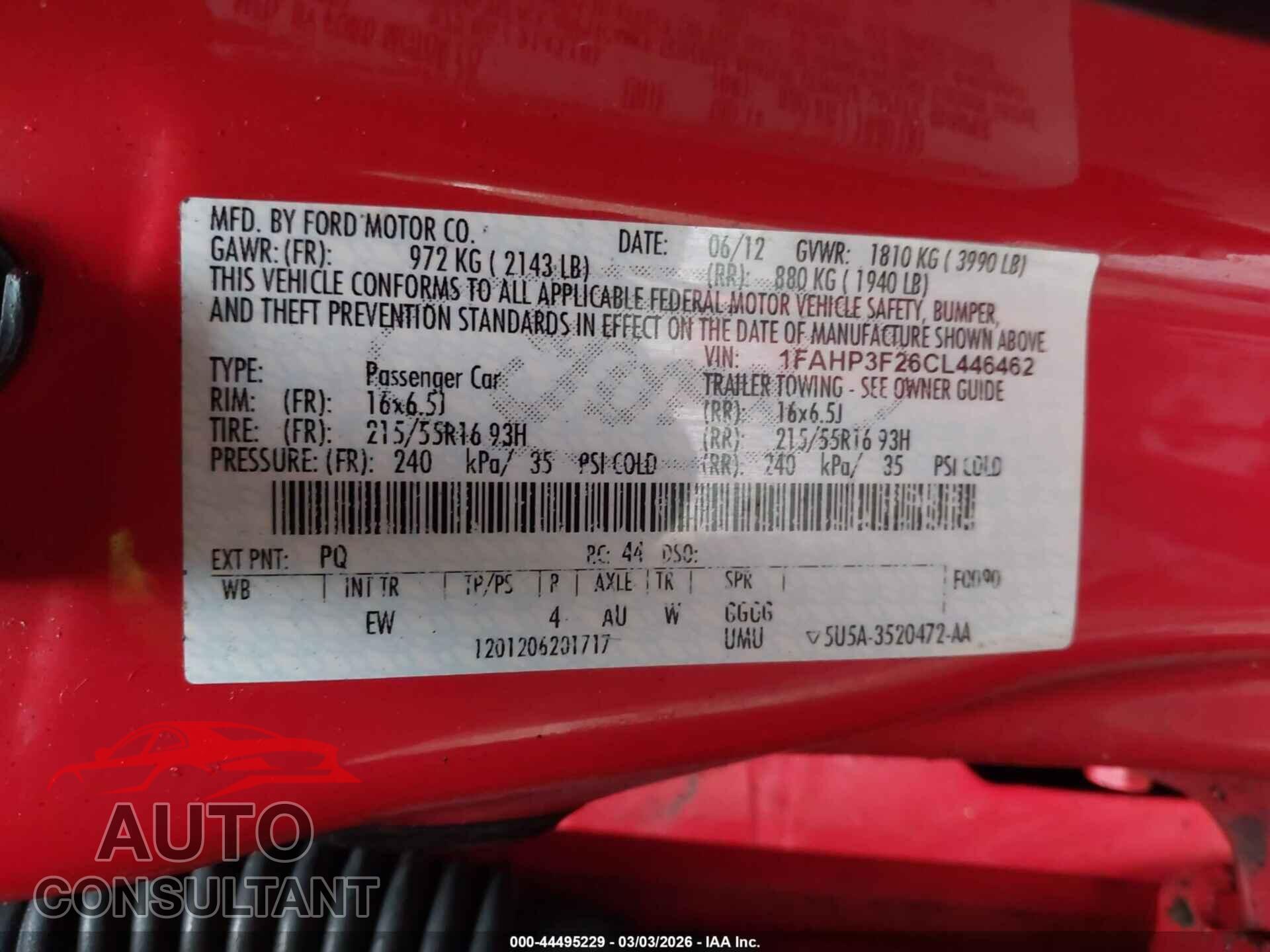 FORD FOCUS 2012 - 1FAHP3F26CL446462