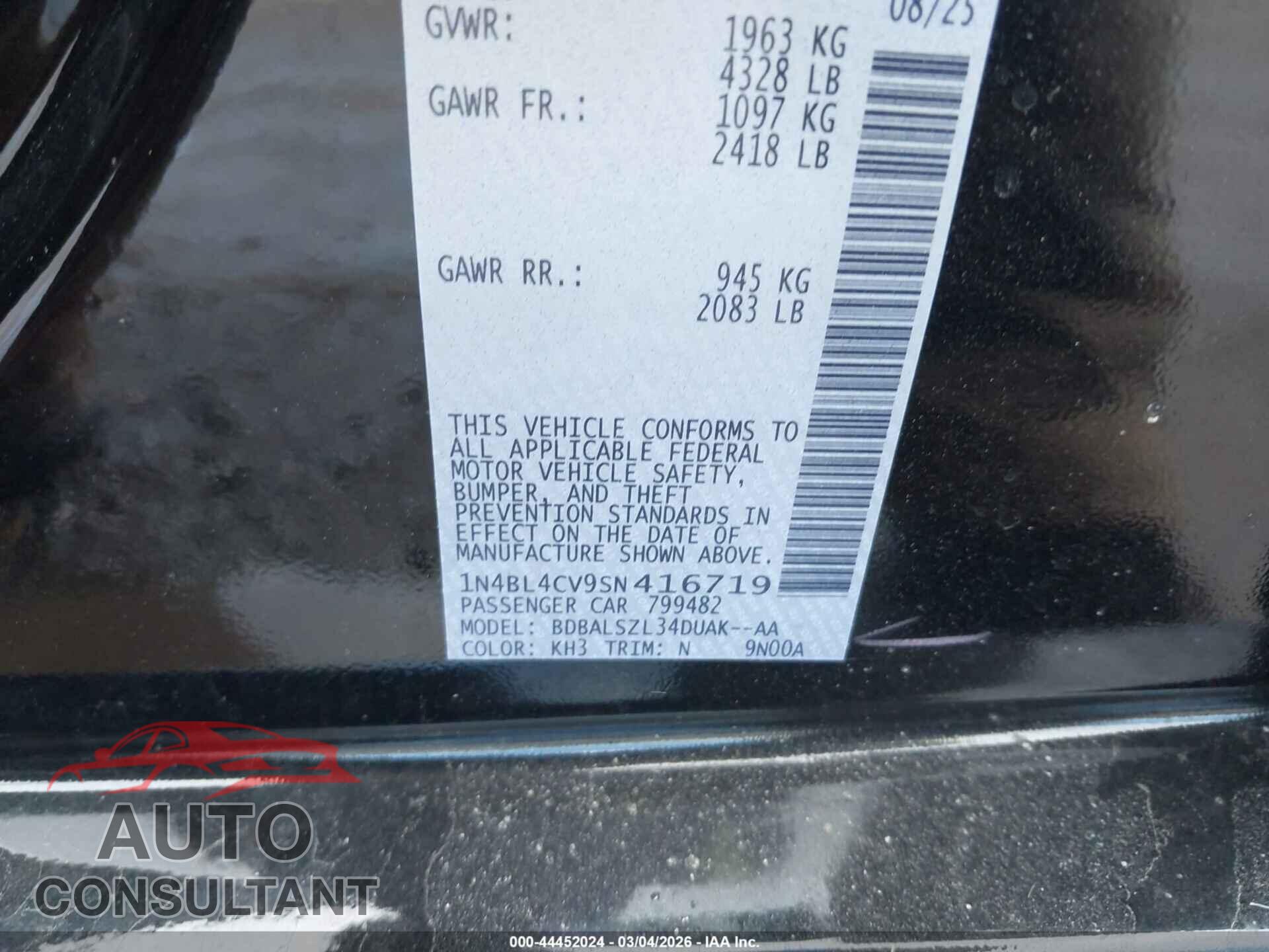NISSAN ALTIMA 2025 - 1N4BL4CV9SN416719