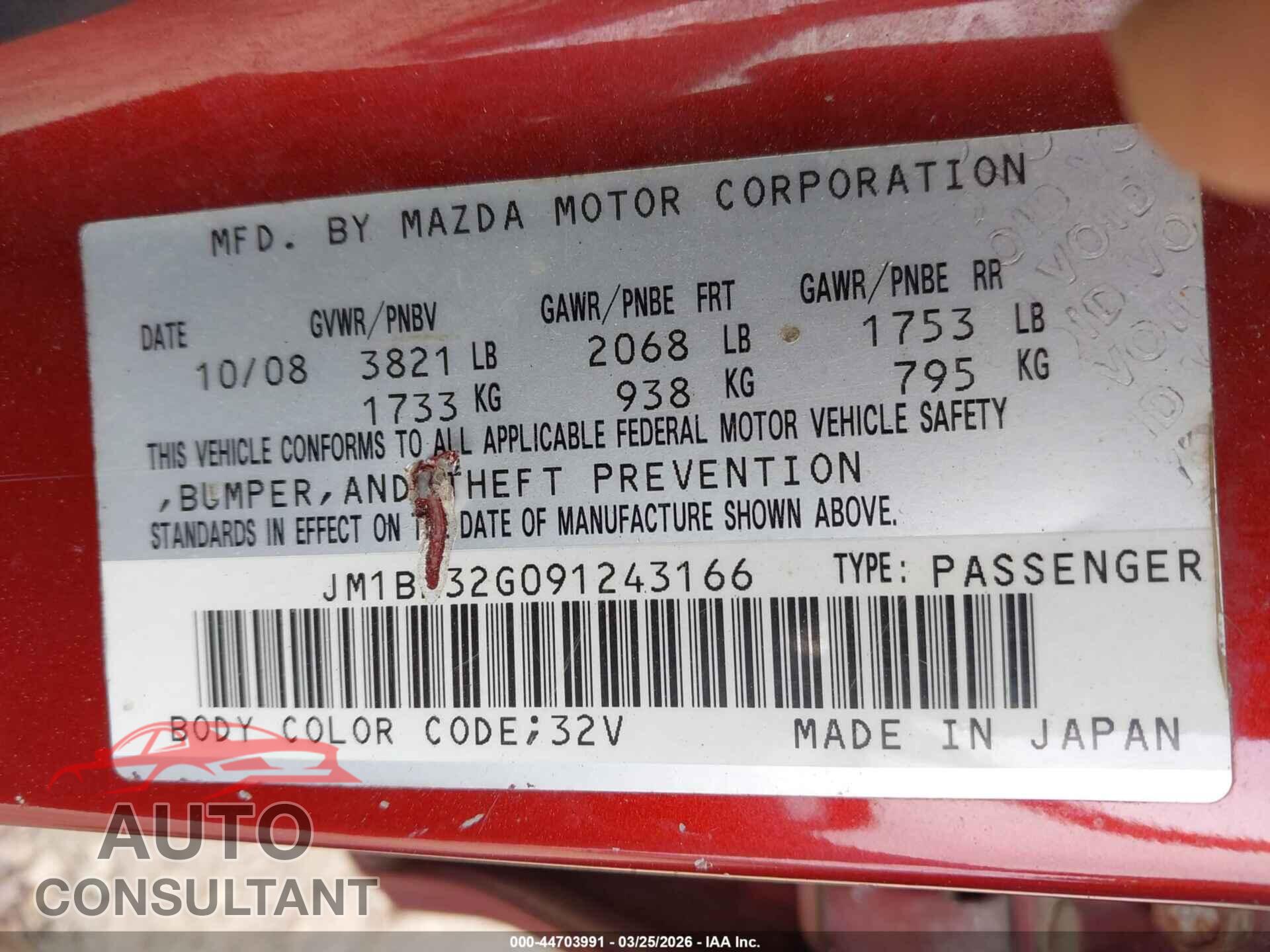 MAZDA MAZDA3 2009 - JM1BK32G091243166