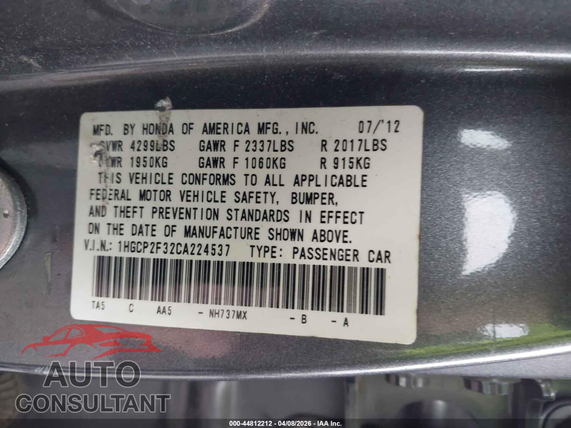 HONDA ACCORD 2012 - 1HGCP2F32CA224537