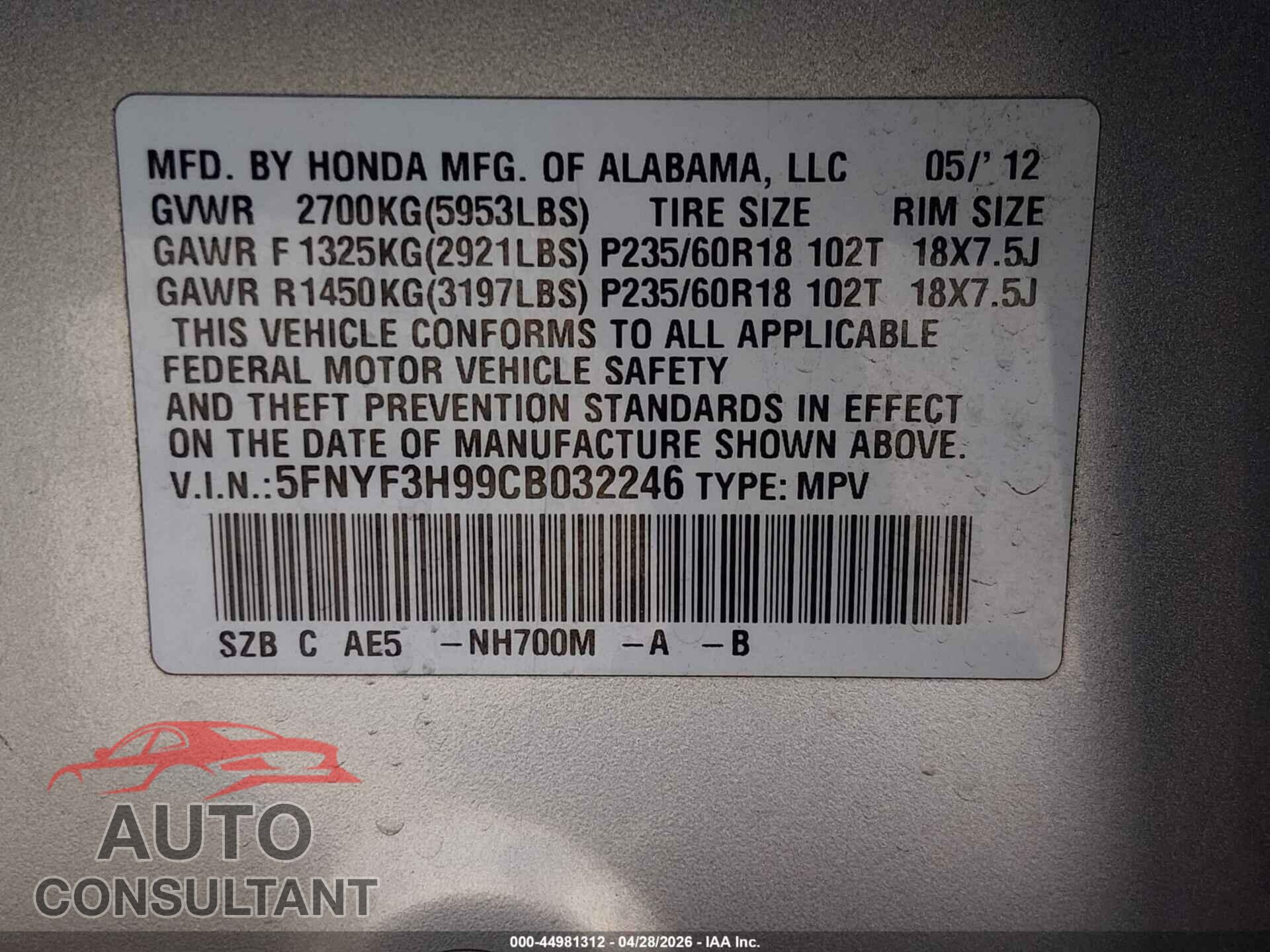 HONDA PILOT 2012 - 5FNYF3H99CB032246