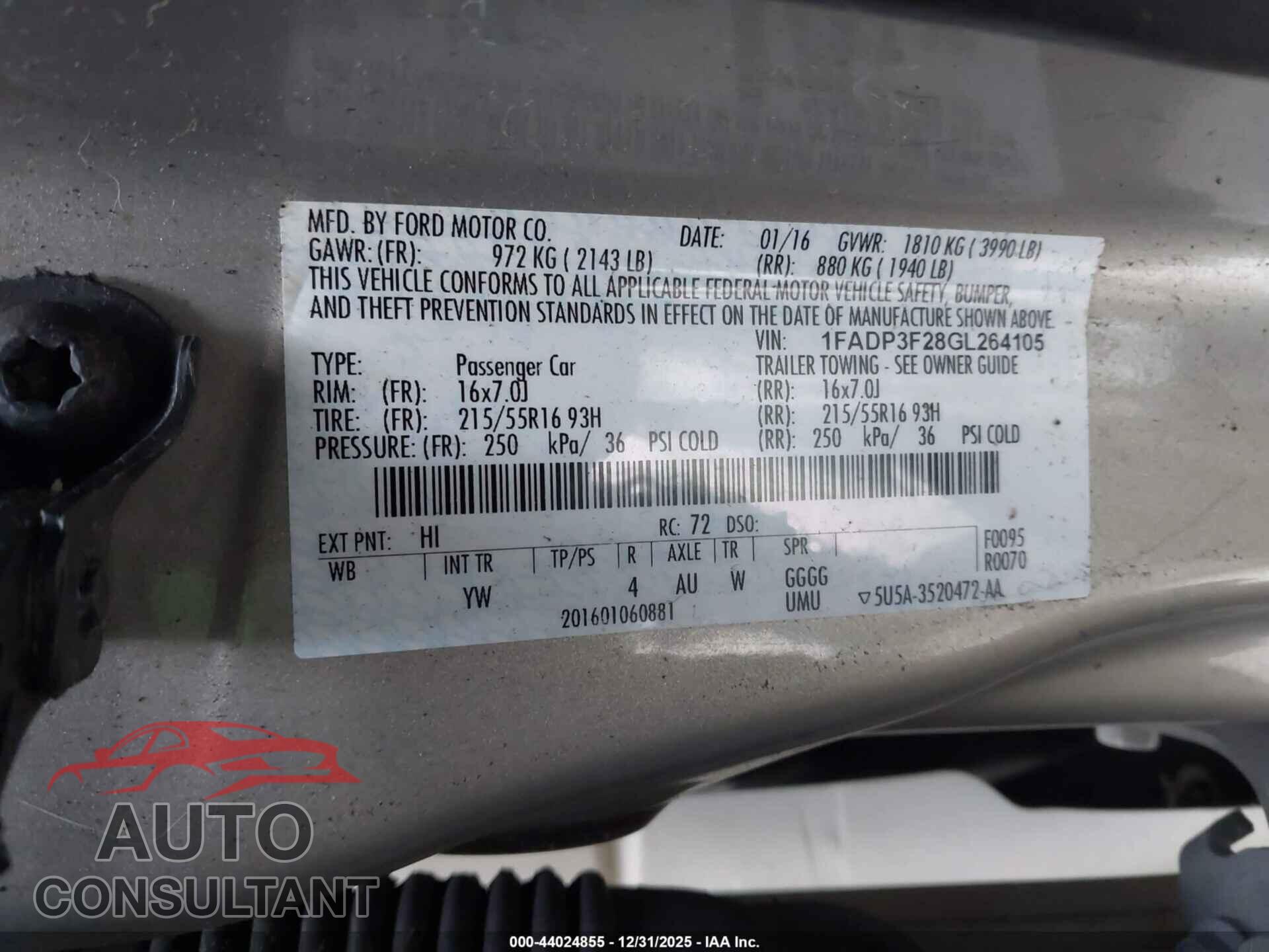 FORD FOCUS 2016 - 1FADP3F28GL264105