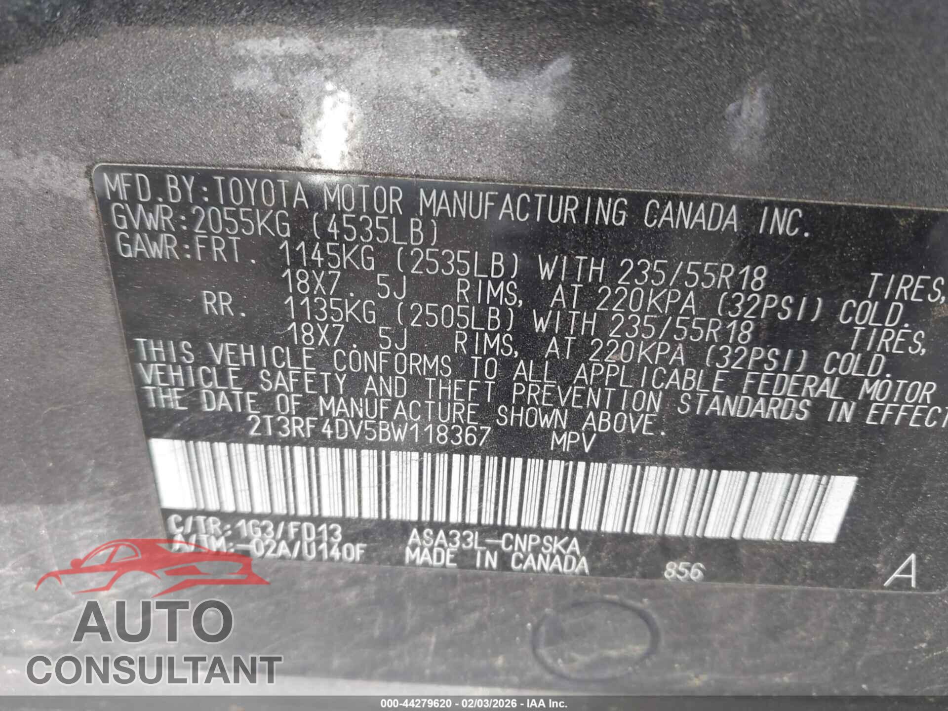 TOYOTA RAV4 2011 - 2T3RF4DV5BW118367