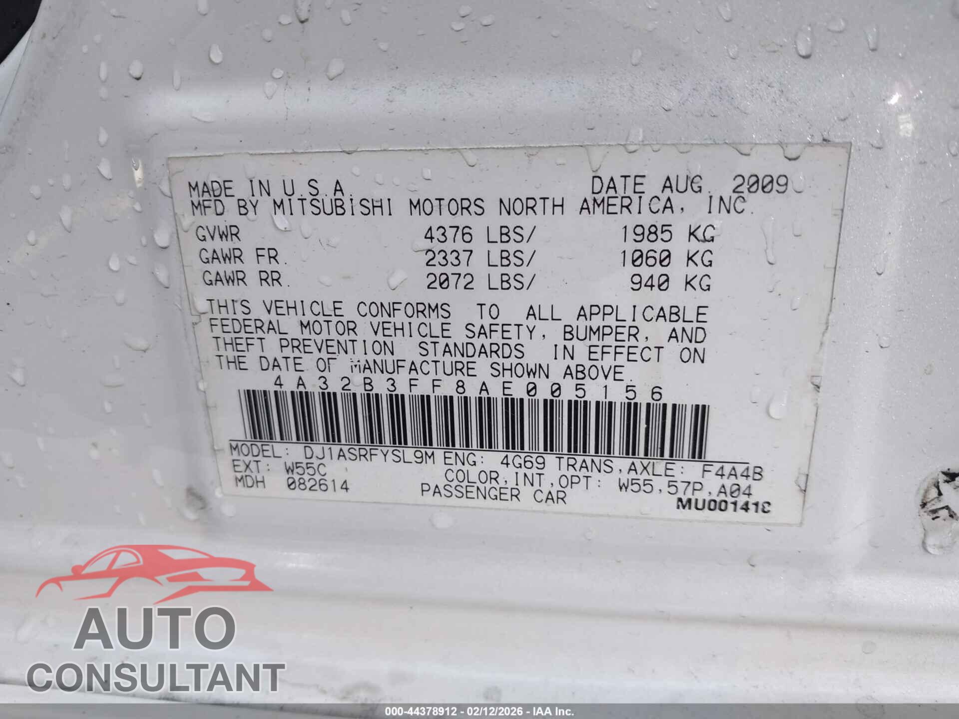 MITSUBISHI GALANT 2010 - 4A32B3FF8AE005156
