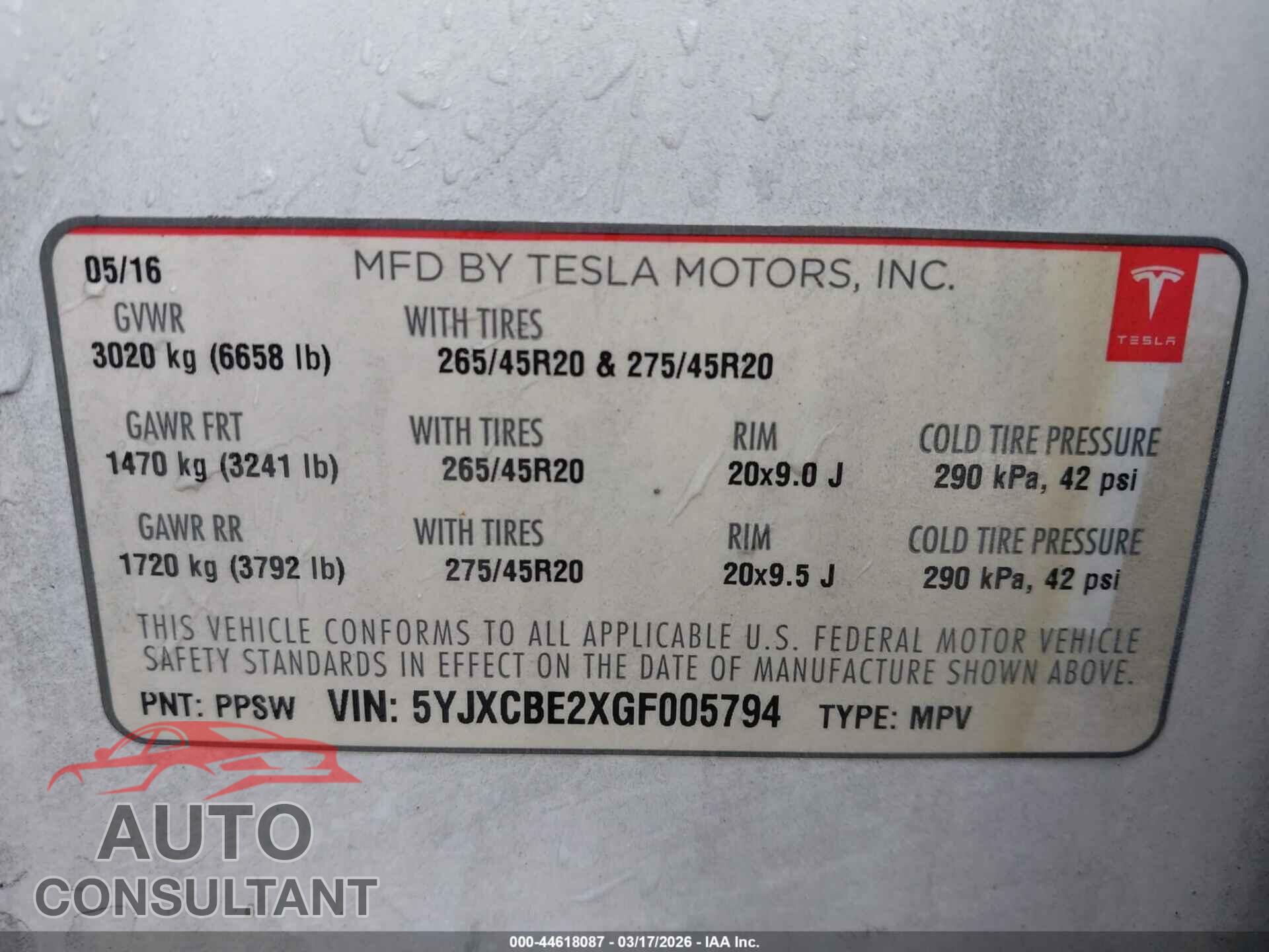 TESLA MODEL X 2016 - 5YJXCBE2XGF005794