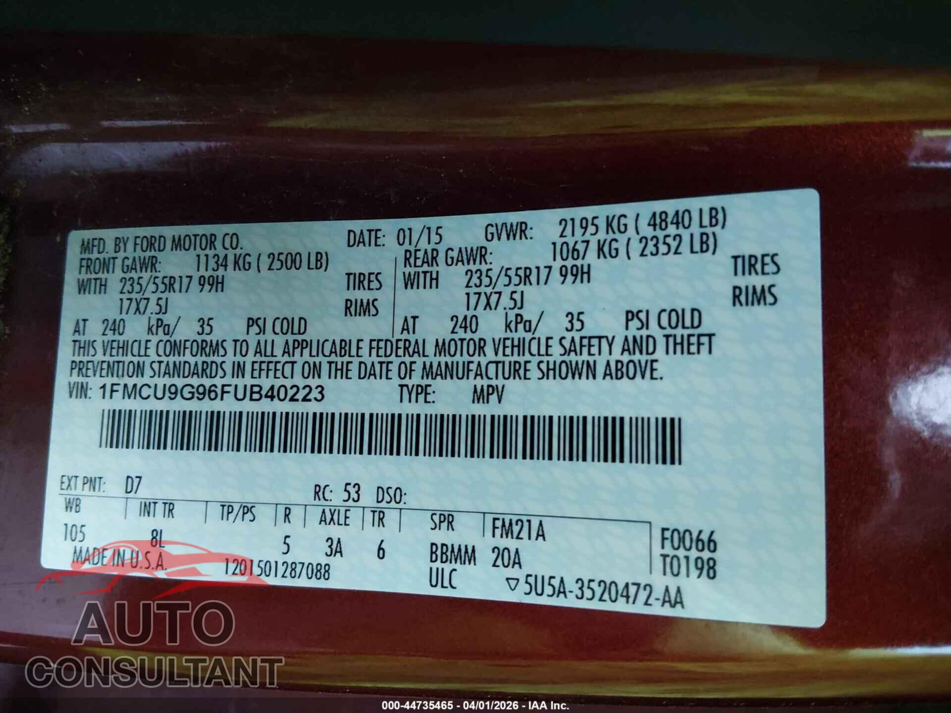FORD ESCAPE 2015 - 1FMCU9G96FUB40223